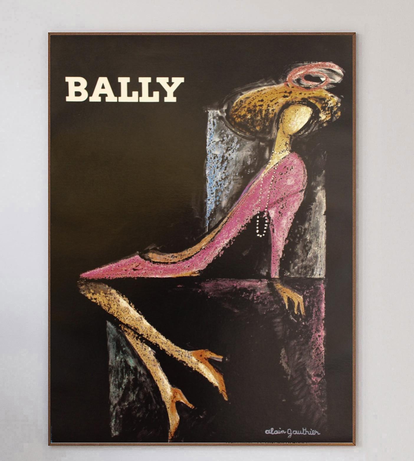 Beautifully designed poster from 1970 advertising the luxury Swiss shoe brand Bally. With artwork from French graphic designer and poster artist Alain Gauthier, this dark and luxurious piece oozes class, especially in its extra-large size.

This