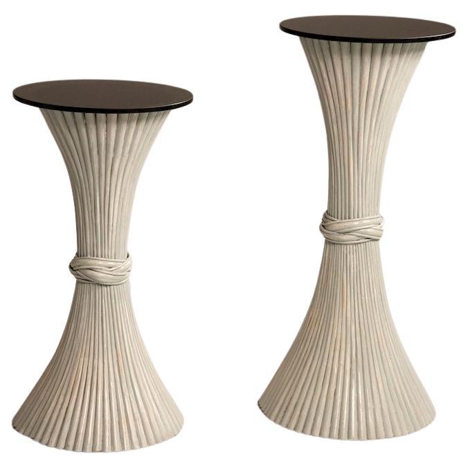 1970 Bamboo Plant Stand Painted White with Black Glass Top For Sale