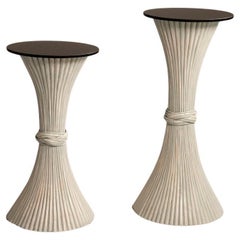 1970 Bamboo Plant Stand Painted White with Black Glass Top