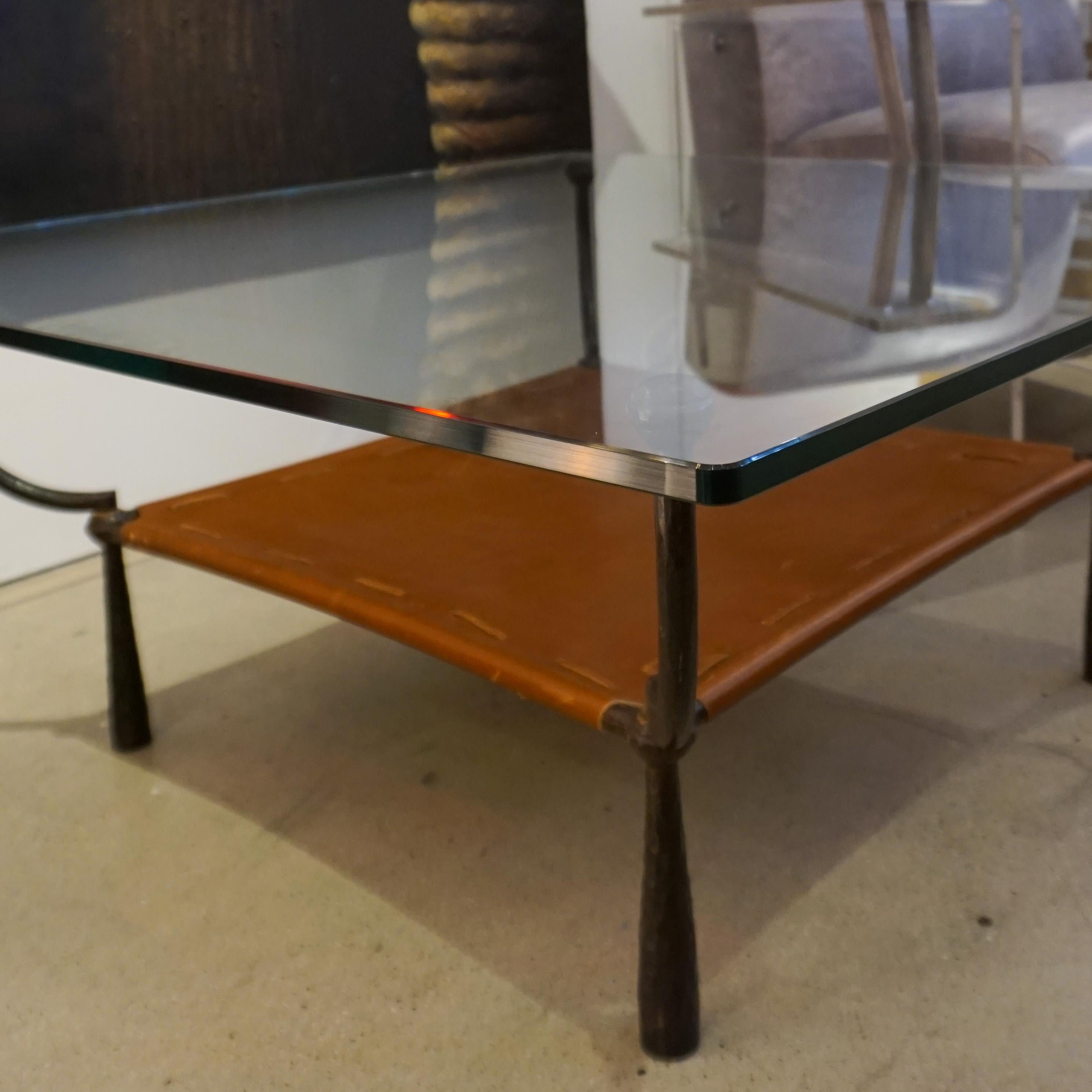1970 Banci Vintage Italian Wrought Iron Brown Leather Square Glass Coffee Table  4