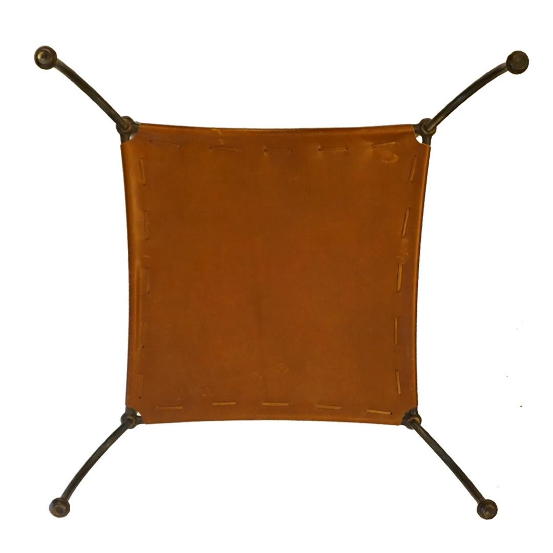 Late 20th Century 1970 Banci Vintage Italian Wrought Iron Brown Leather Square Glass Coffee Table 