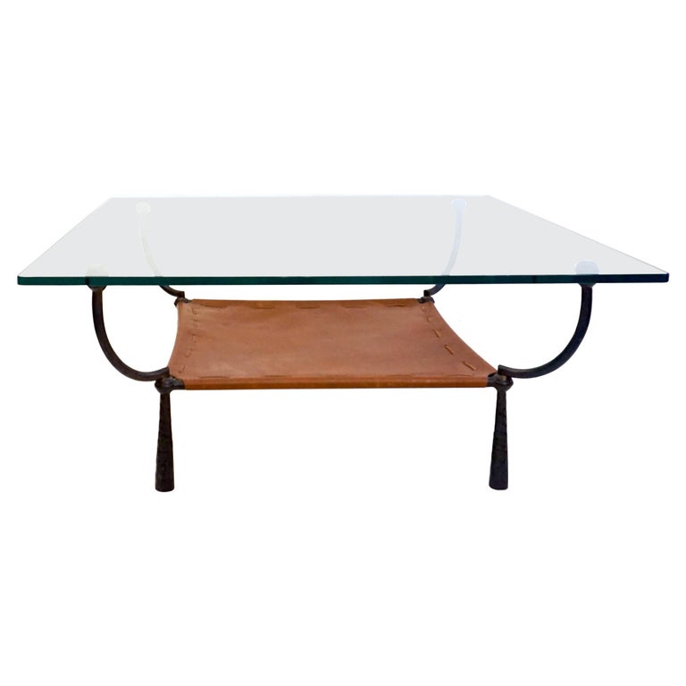 1970 Vintage Italian Wrought Iron, Leather And Glass Coffee Table