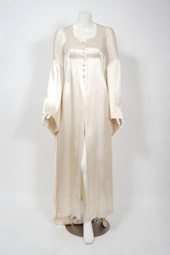 1970 Biba Creme Satin Medieval Wizard Sleeve Button Down Full-Length Jacket Gown