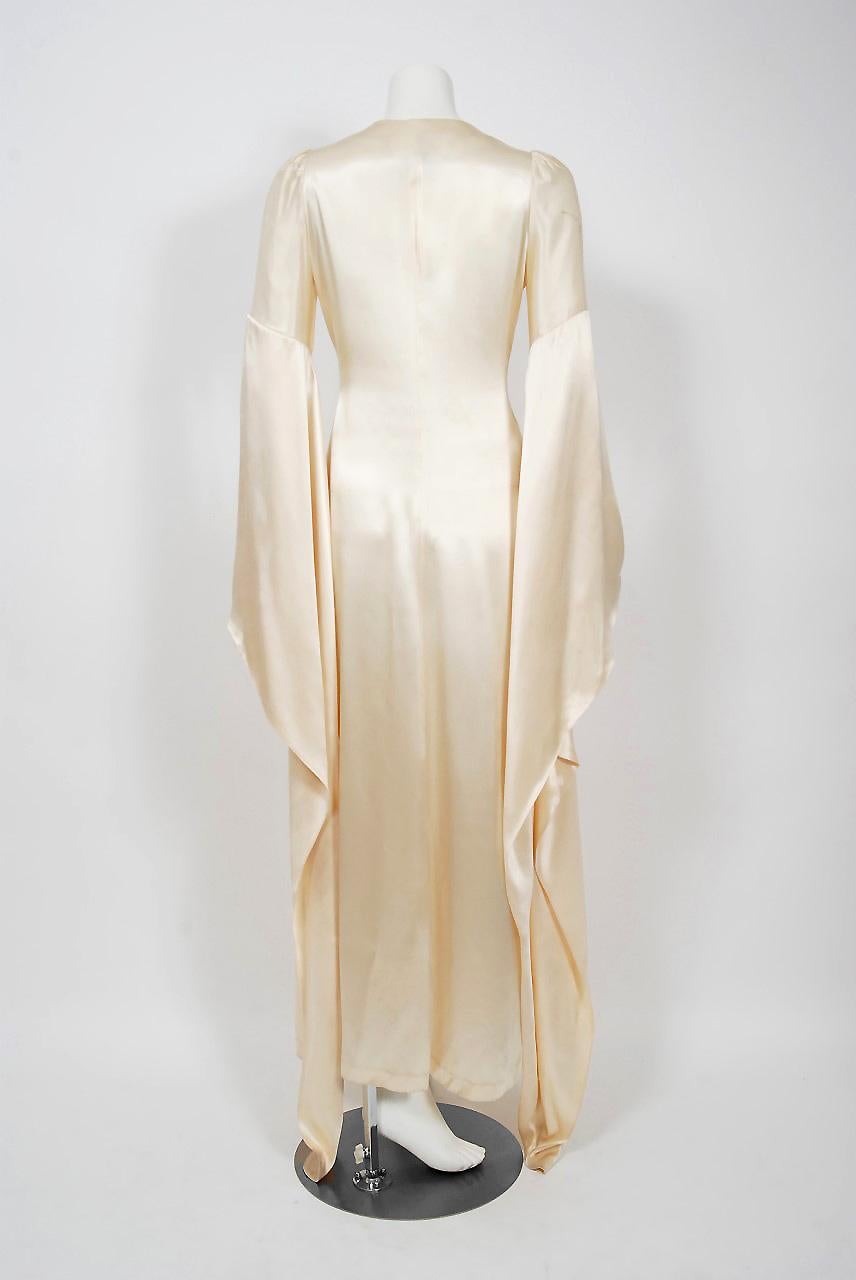 Beige 1970 Biba Creme Satin Medieval Wizard Sleeve Button Down Full-Length Jacket Gown