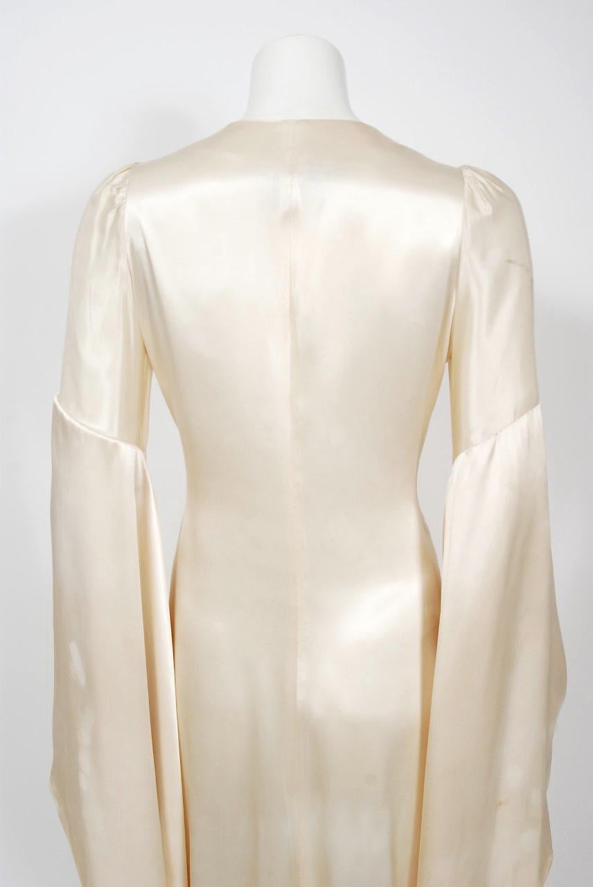 1970 Biba Creme Satin Medieval Wizard Sleeve Button Down Full-Length Jacket Gown In Good Condition In Beverly Hills, CA