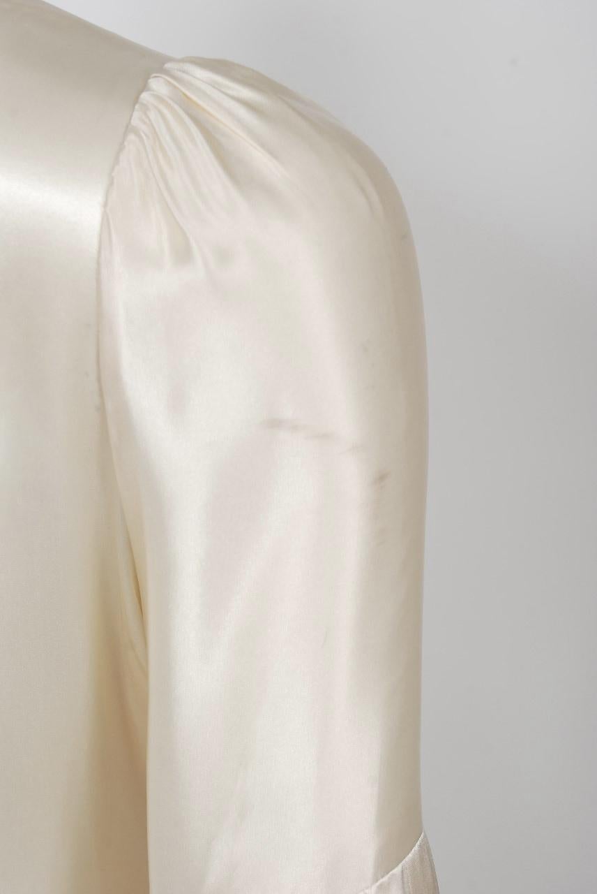 Women's 1970 Biba Creme Satin Medieval Wizard Sleeve Button Down Full-Length Jacket Gown