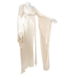 1970 Biba Creme Satin Medieval Wizard Sleeve Button Down Full-Length Jacket Gown