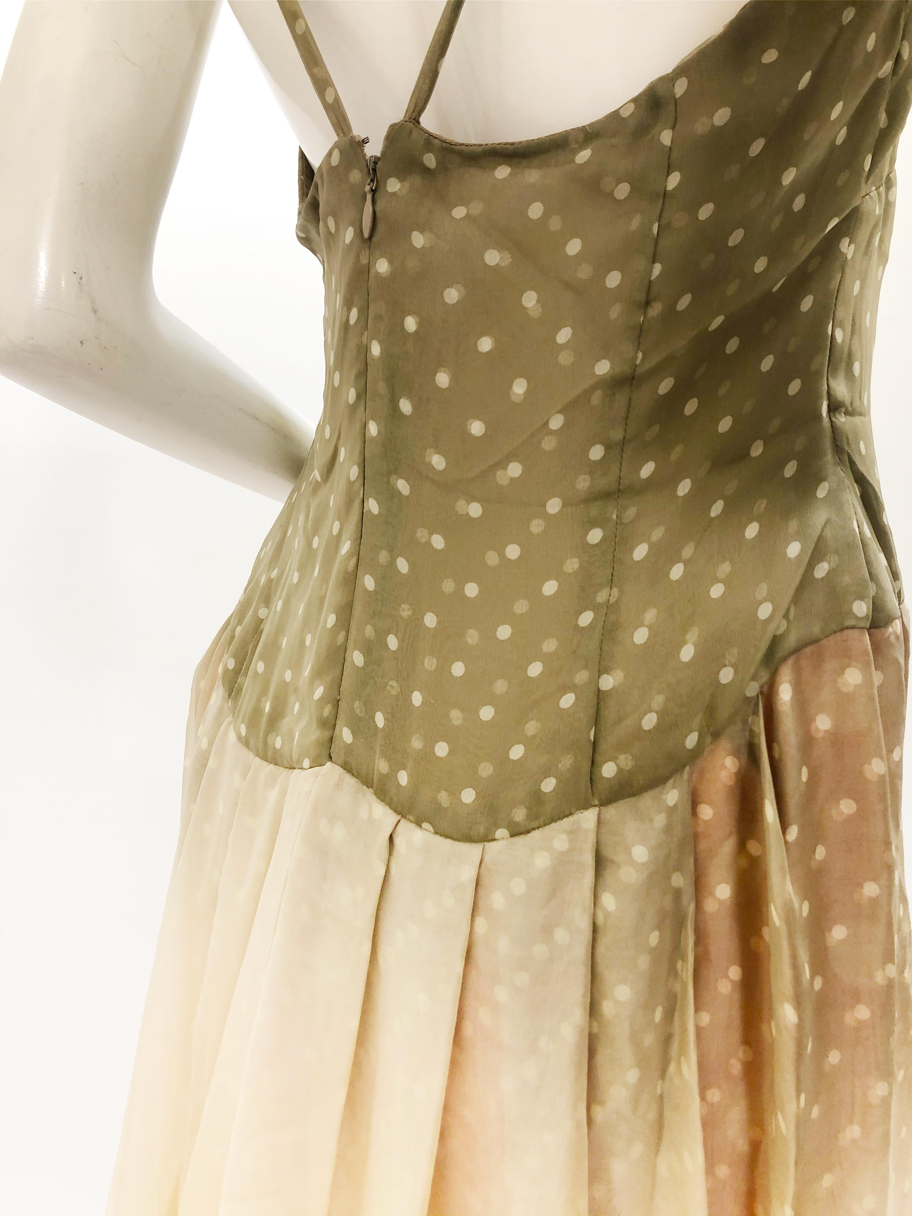 Brown 1970 Bill Blass Ombré Polka Dot Silk Chiffon Gown in Taupe and Pink