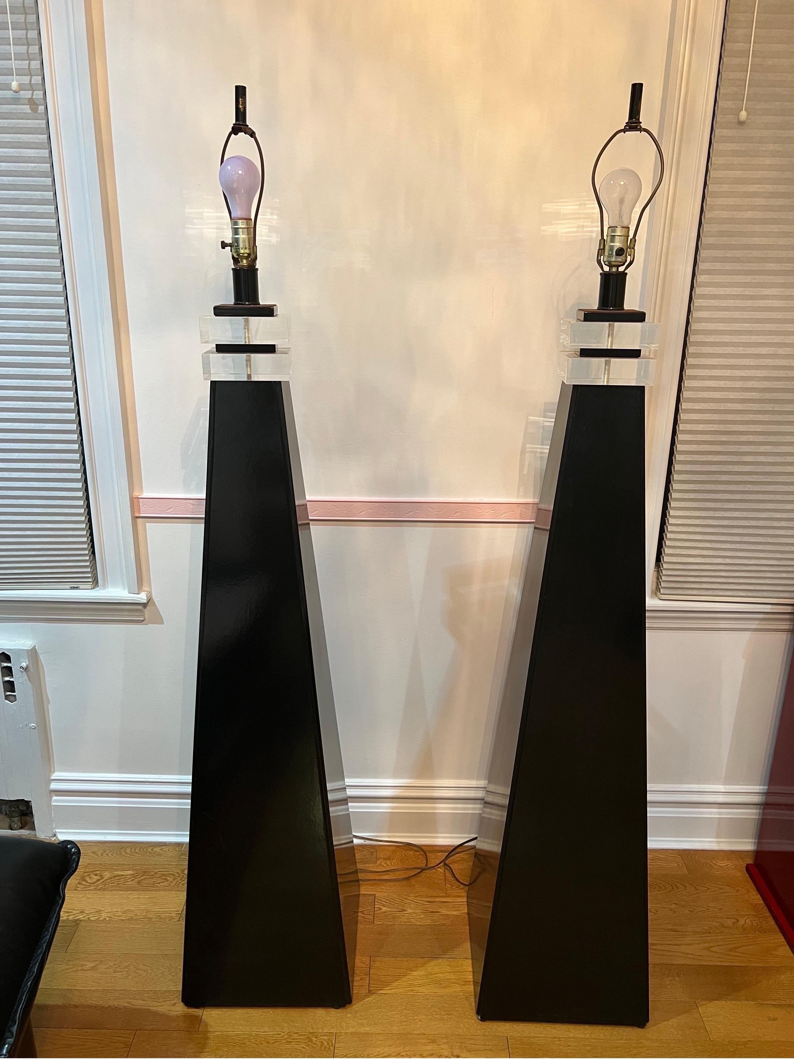 American 1970 Black Lacquer Lucite Pyramid Floor Lamp attributed to Karl Springer