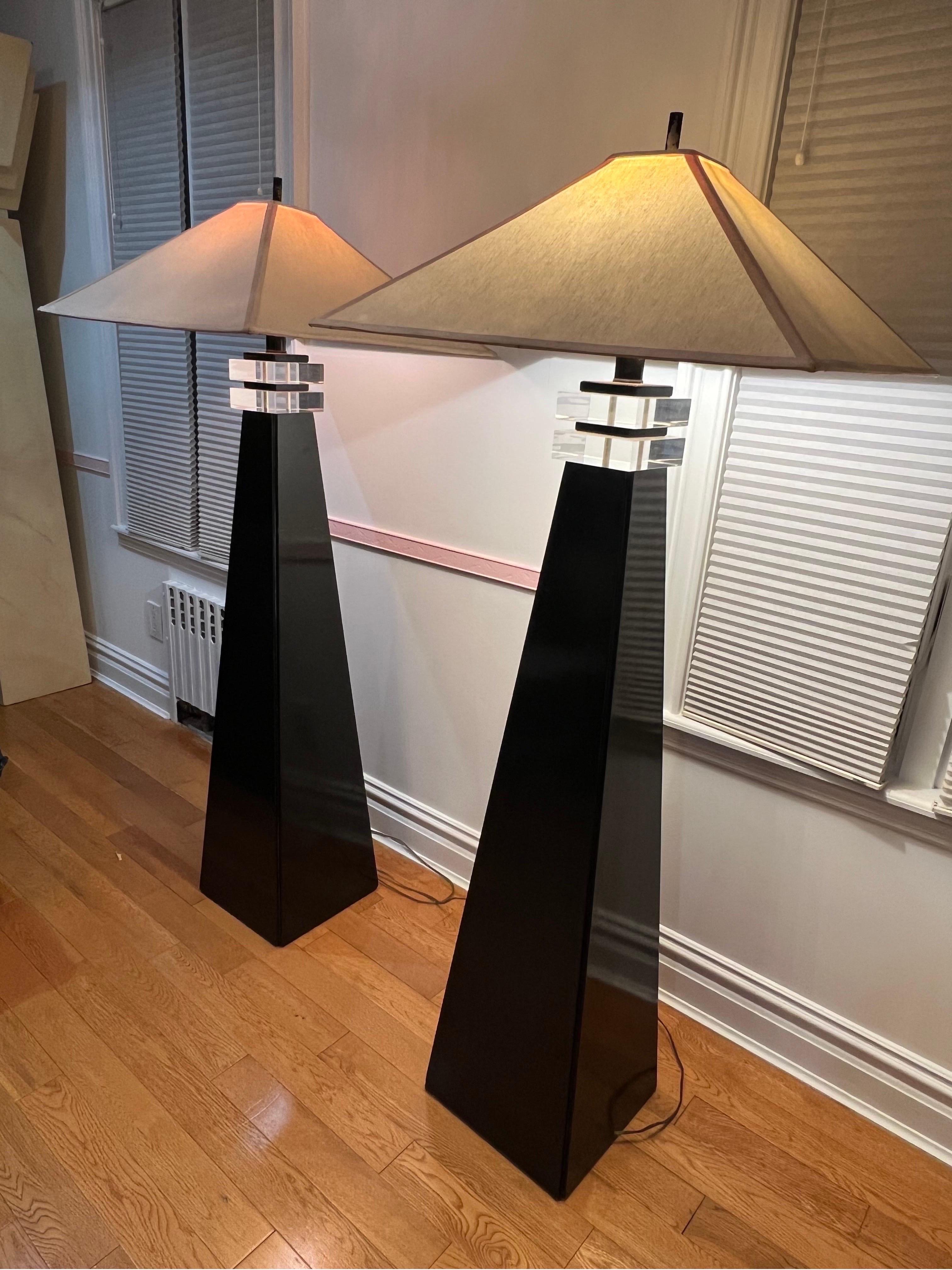 1970 Black Lacquer Lucite Pyramid Floor Lamp attributed to Karl Springer 2