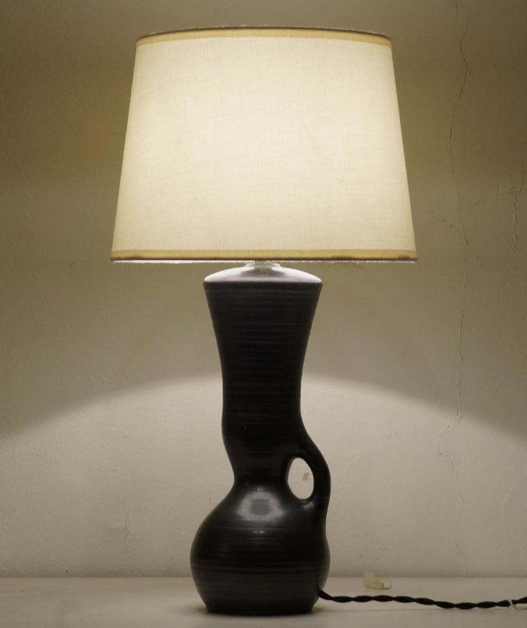 Black satin ceramic table lamp, custom made fabric lampshade, rewired with twisted silk cord.

Measure: Ceramic body height 25 cm - 9.9 in.
Height with lampshade 41 cm - 16.1 in.

