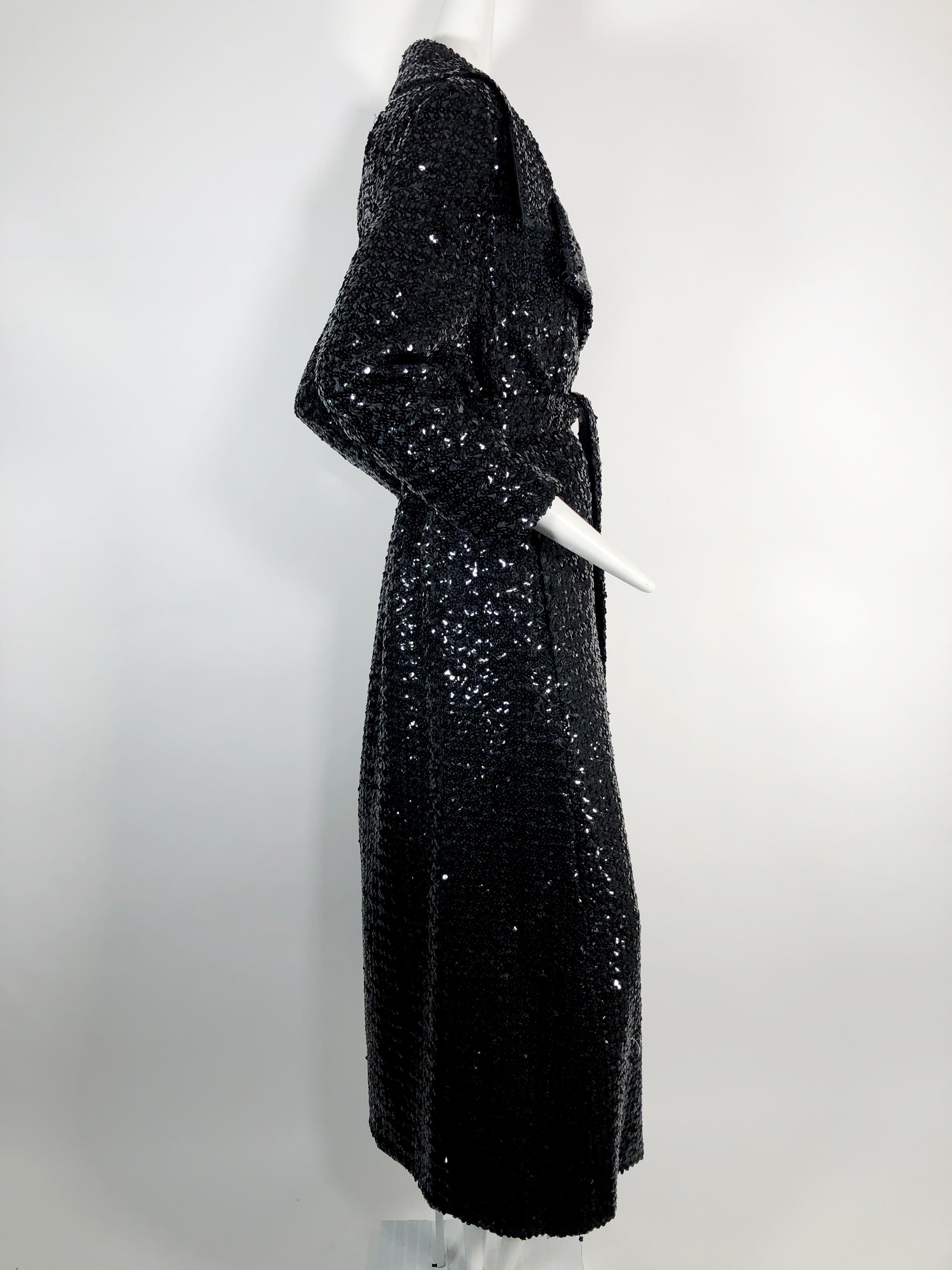 1970 Black Sequined Belted Maxi Trench Coat In Excellent Condition In Gresham, OR