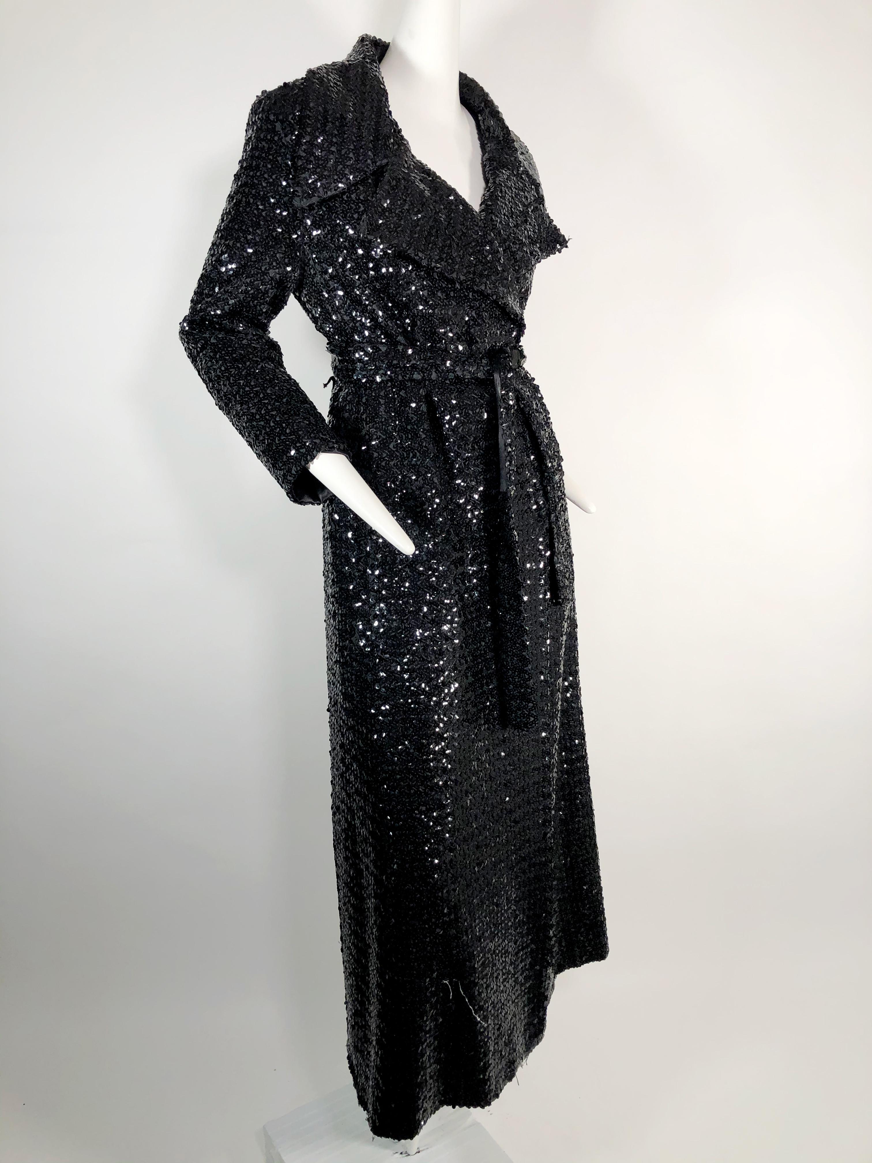 Women's or Men's 1970 Black Sequined Belted Maxi Trench Coat