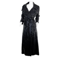 1970 Black Sequined Belted Maxi Trench Coat