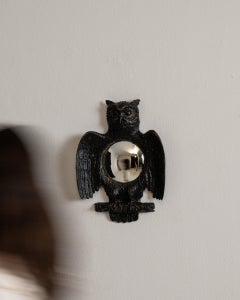 1970 Black Wood French Convex Owl-Shaped Bubble Mirror