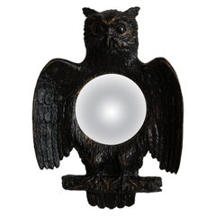 1970 Black Wood French Convex Owl-Shaped Bubble Mirror