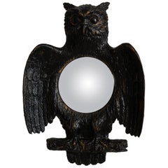 1970 Black Wood French Convex Owl-Shaped Bubble Mirror