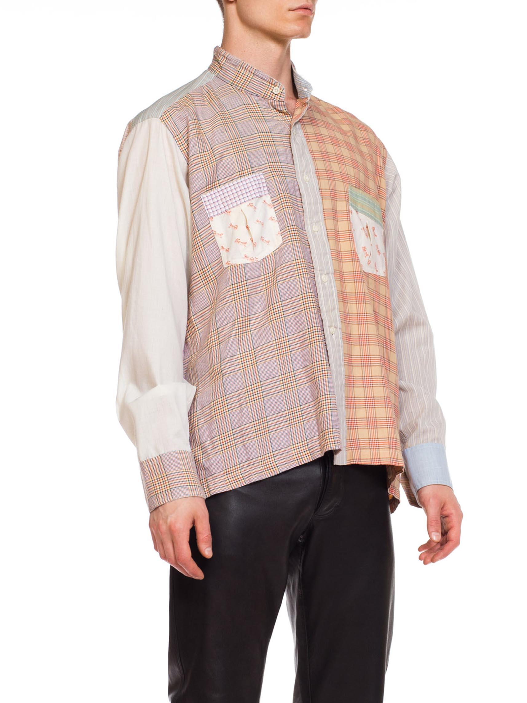 Beige 1970S BLOOMINGDALES Cotton Men's Patchwork Plaid Collarless Shirt