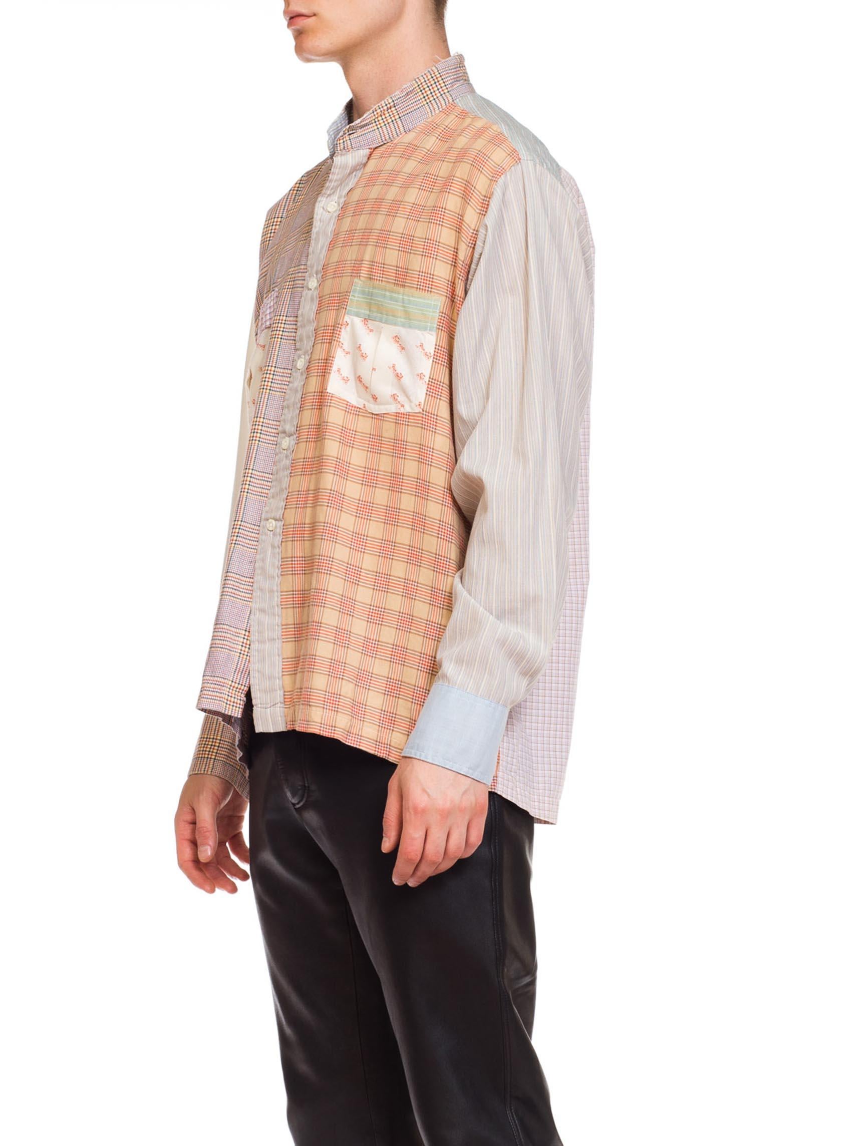 1970S BLOOMINGDALES Cotton Men's Patchwork Plaid Collarless Shirt In Excellent Condition In New York, NY