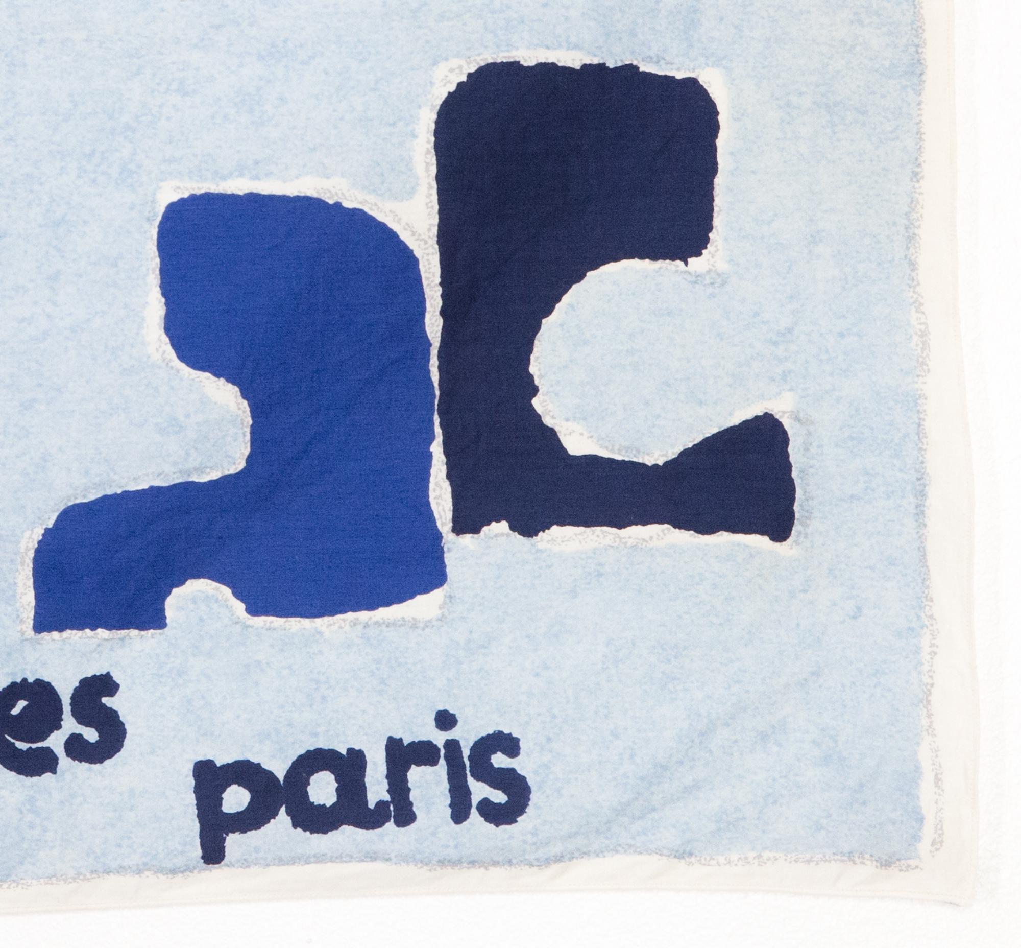 1970 Courreges blue cotton scarf featuring a logo print signature. 
In good vintage condition. Made in France.
16.54in. (42cm)  X 16.54in. (42cm)
We guarantee you will receive this  iconic item as described and showed on photos.
(please enlarge