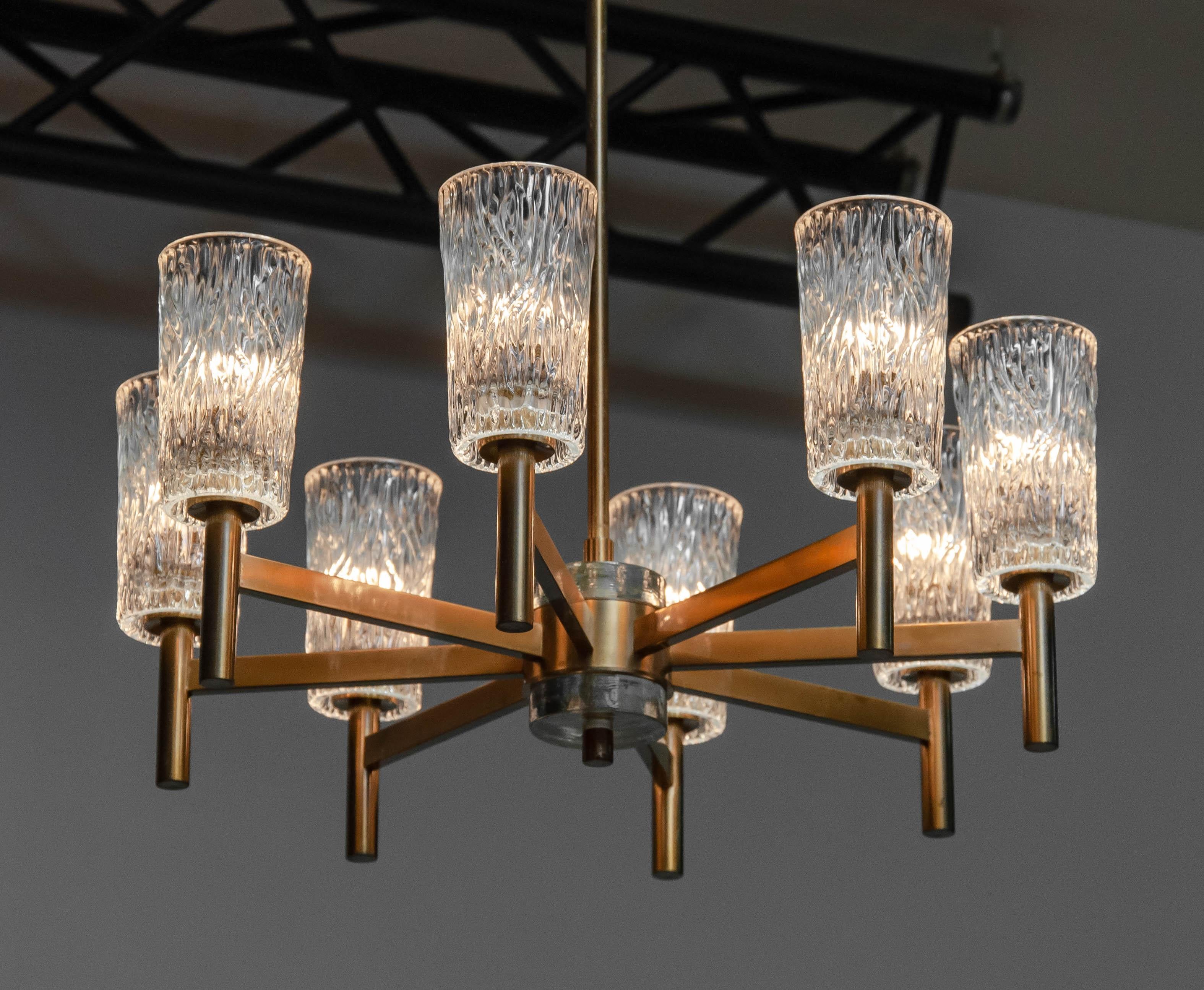 Late 20th Century 1970 Brass Eight Arms Chandelier With Clear Art Glass Vases By Markaryd Sweden For Sale