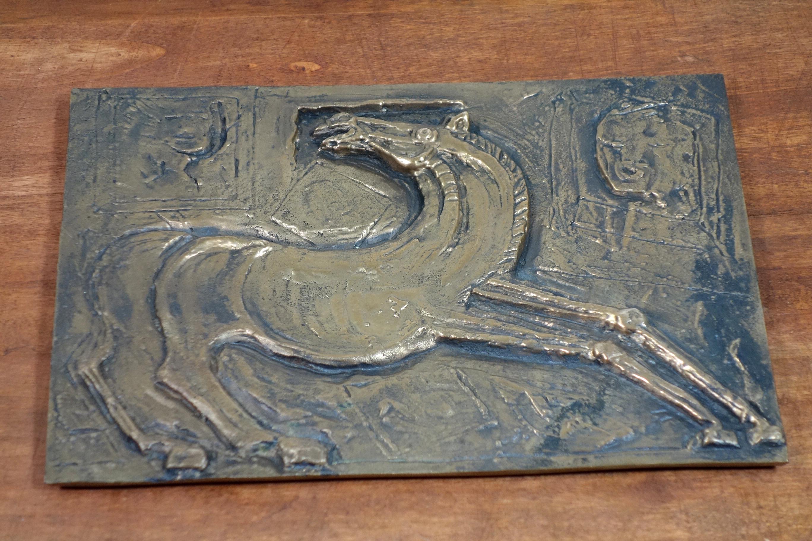 Late 20th Century 1970 Bruno Cassinari Horse Woman Bronze Sculpture Basrelief For Sale