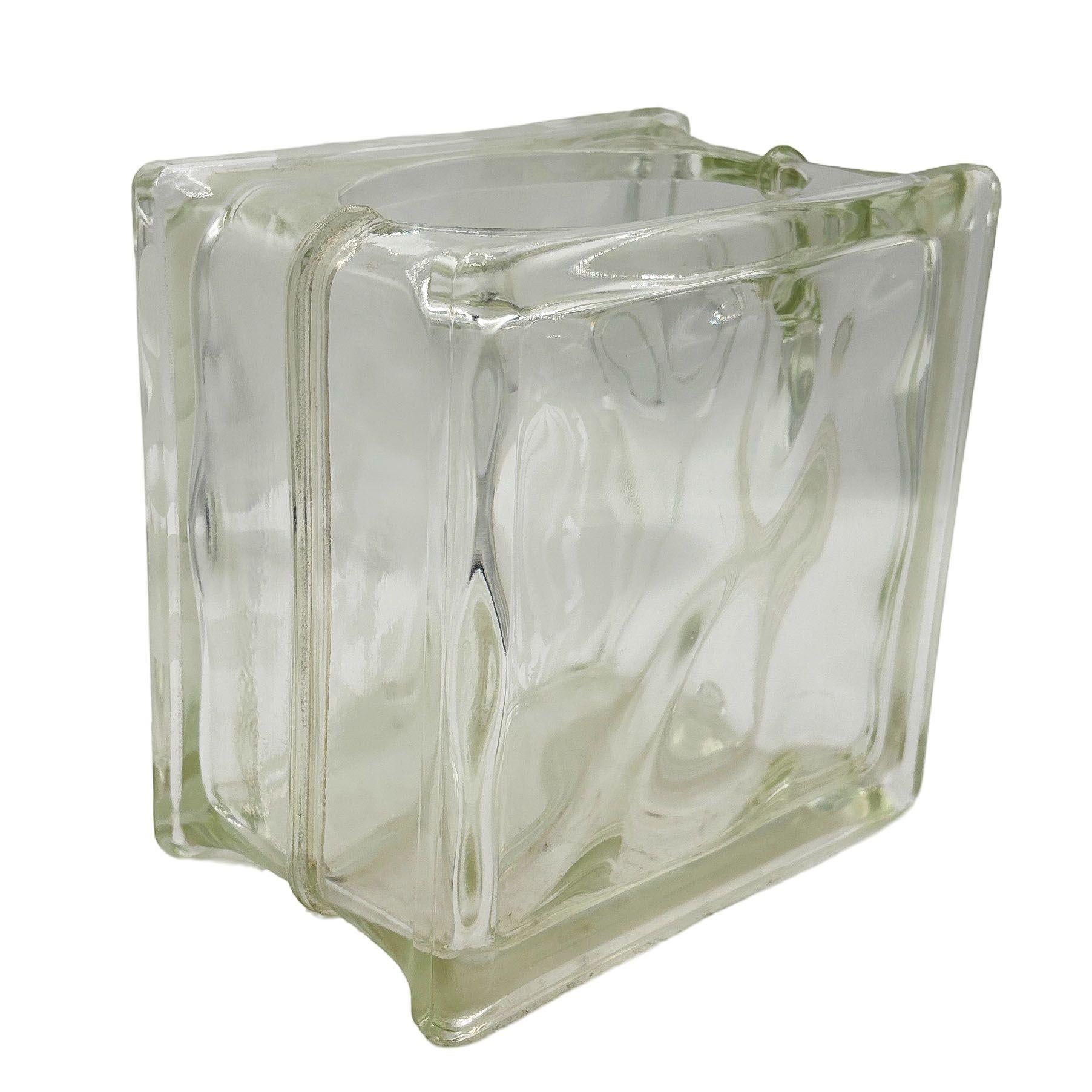 Original 1970s Brutalist glass block table vase with an acid-etched hibiscus along the front. The vase features a 6