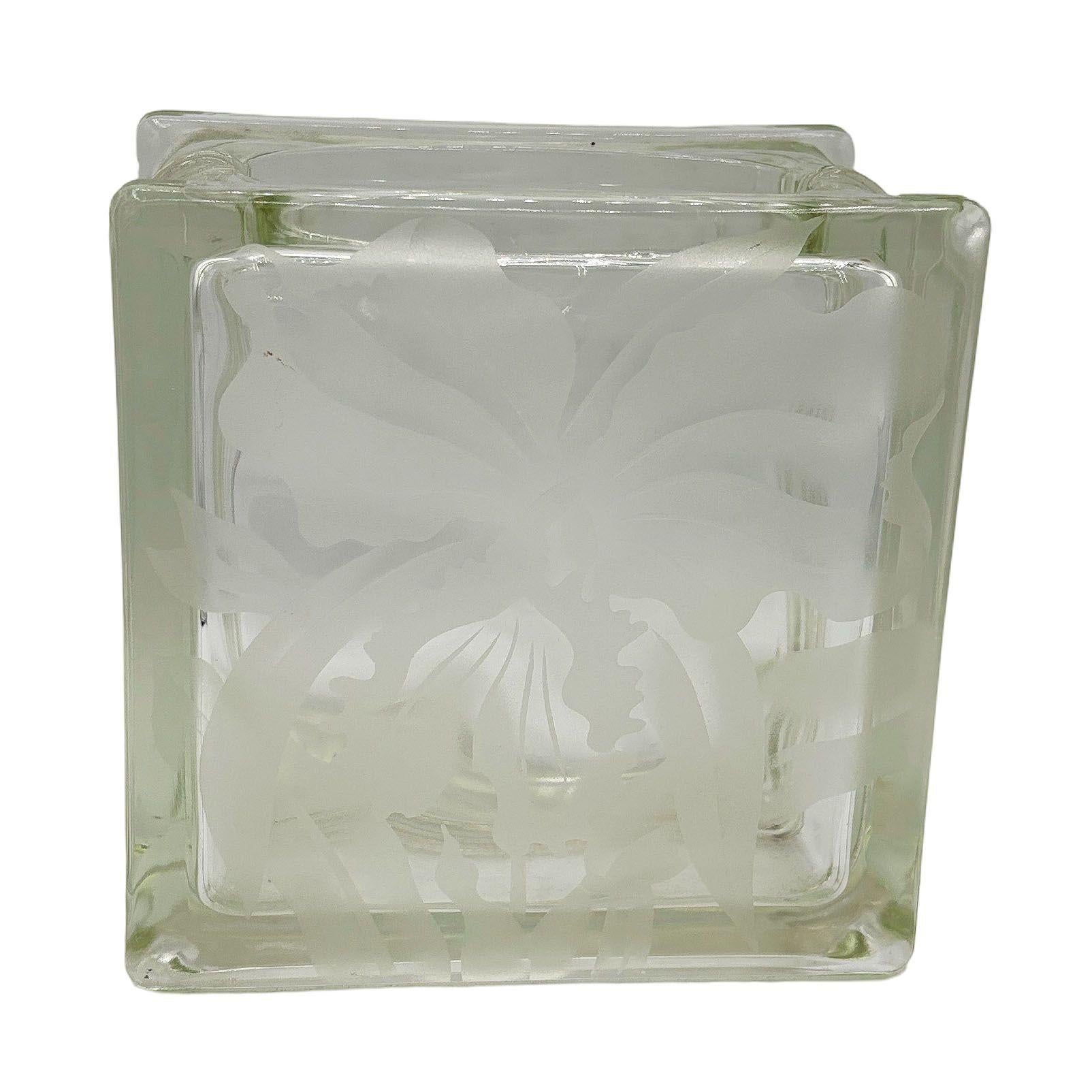 American 1970 Brutalist Postmodern Glass Block Table Vase w/ Acid Etched Hibiscus For Sale