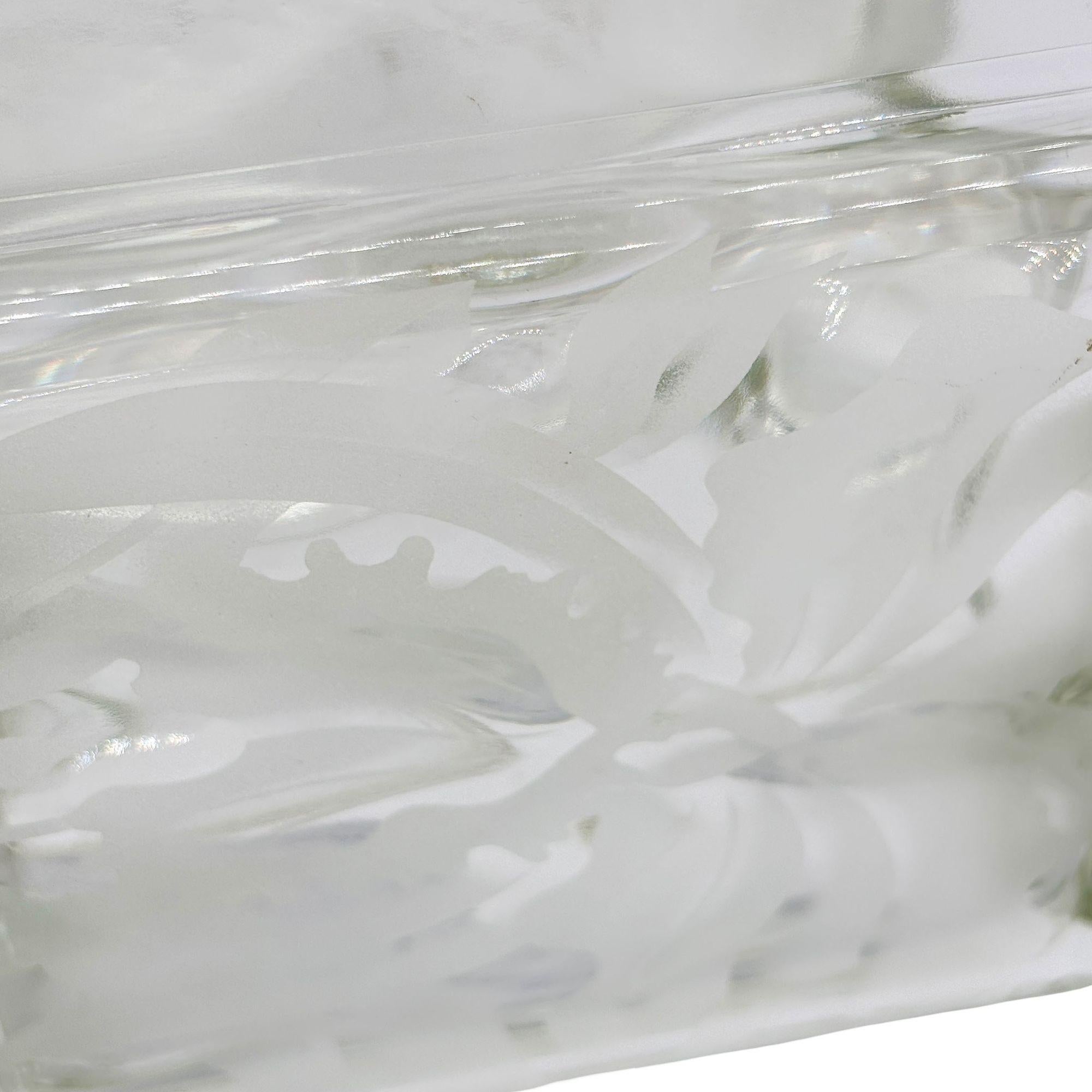 1970 Brutalist Postmodern Glass Block Table Vase w/ Acid Etched Hibiscus For Sale 1