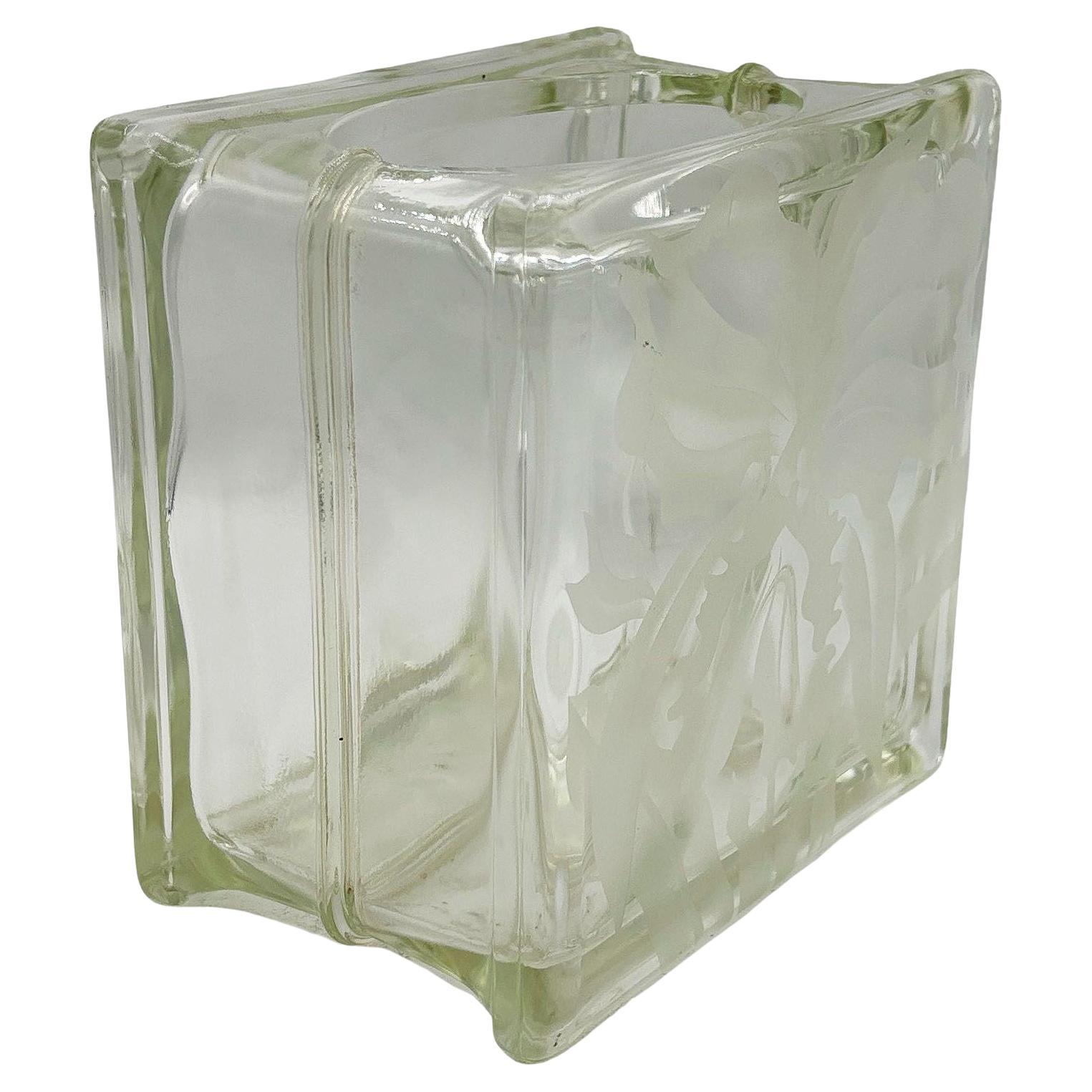 1970 Brutalist Postmodern Glass Block Table Vase w/ Acid Etched Hibiscus For Sale