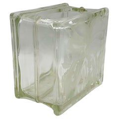 1970 Brutalist Postmodern Glass Block Table Vase w/ Acid Etched Hibiscus