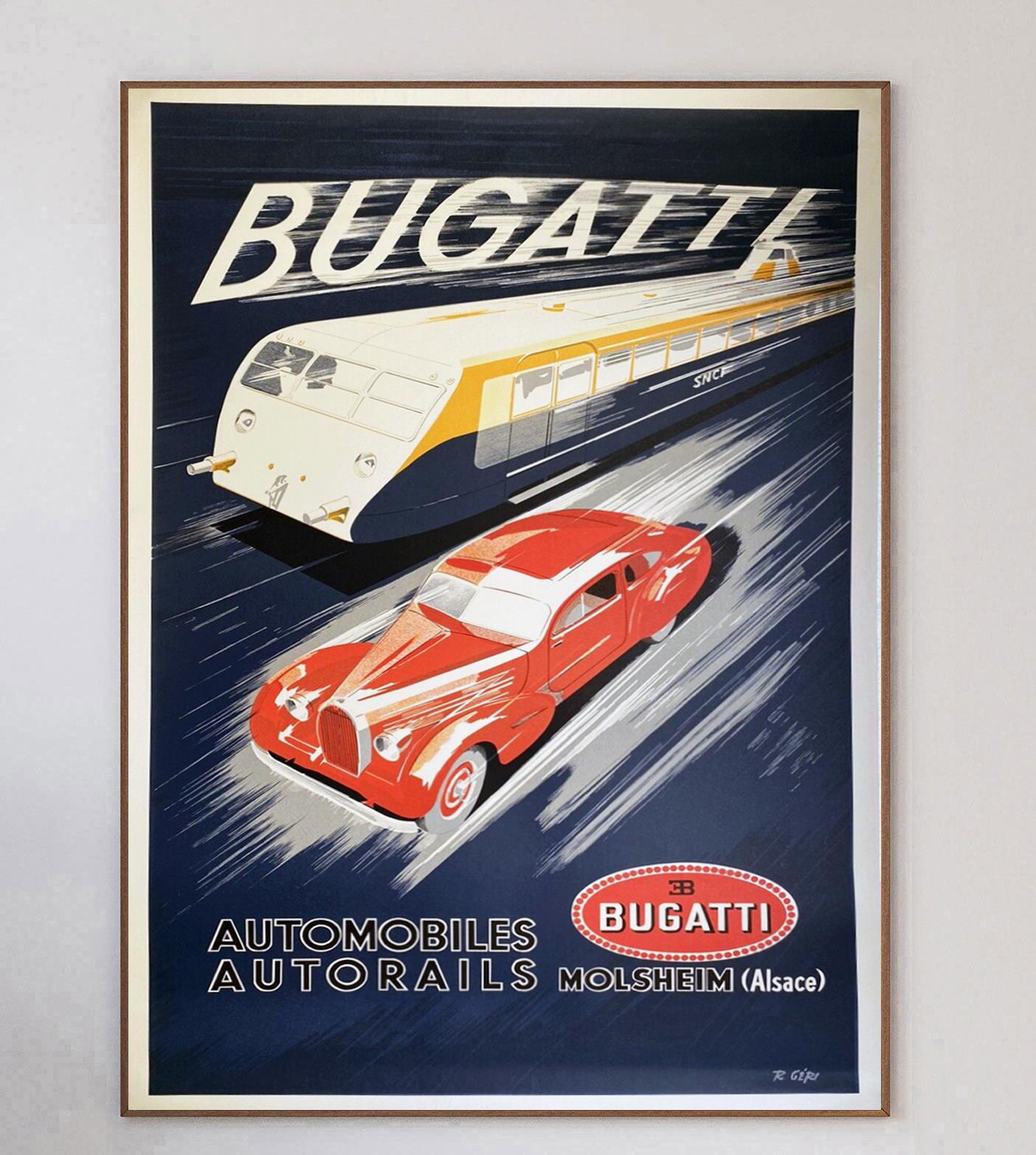Stunning lithograph poster created in 1970 for Bugatti. With art deco artwork from artist R. Geti, the poster depicts a speeding vintage Bugatti being driven in a race against a train. The German/ French high performance car manufacturer was founded