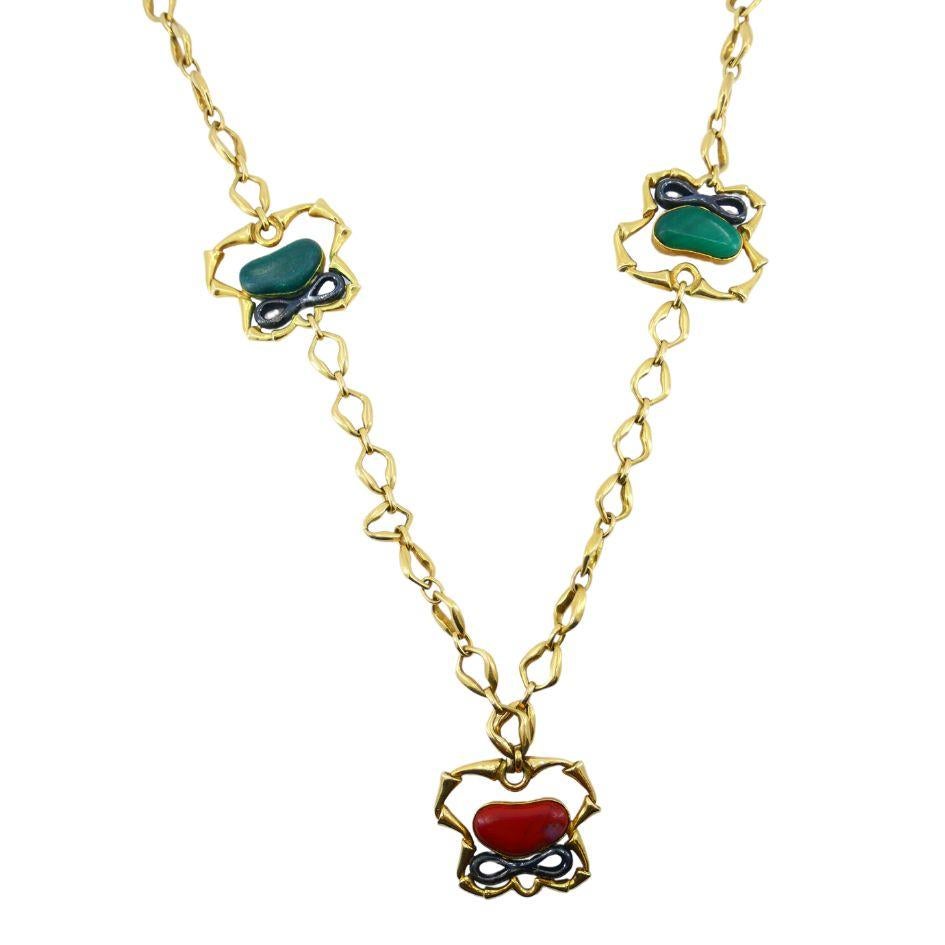 1970 Bvlgari 18k Gelb & brüniertes Gold Malachit Jaspis Halskette (Cabochon) im Angebot