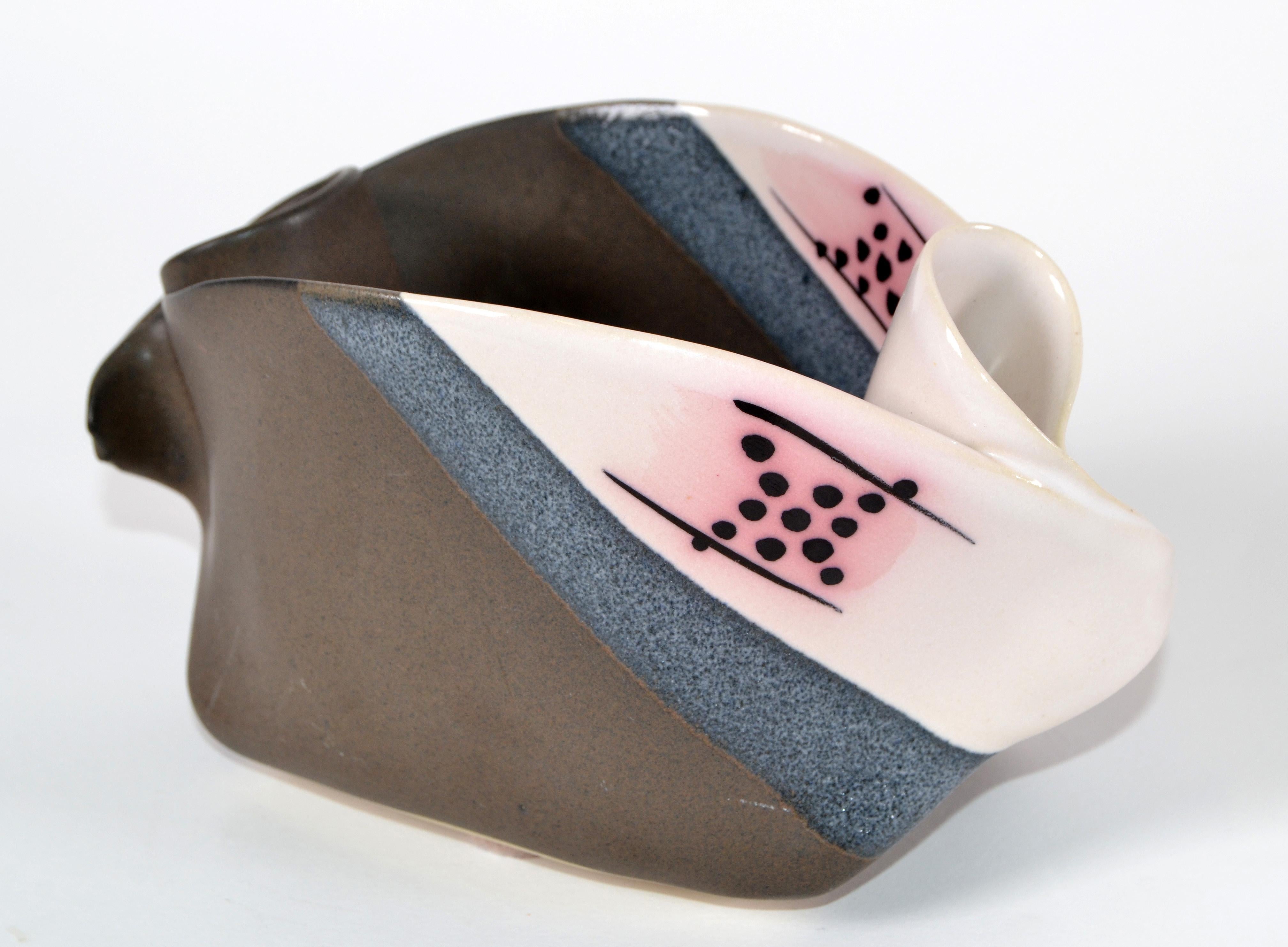 Mid-Century Modern 1970 Canadian Freeform Glazed Ceramic Bowl, Pottery Pink, Black, Blue and Gray For Sale
