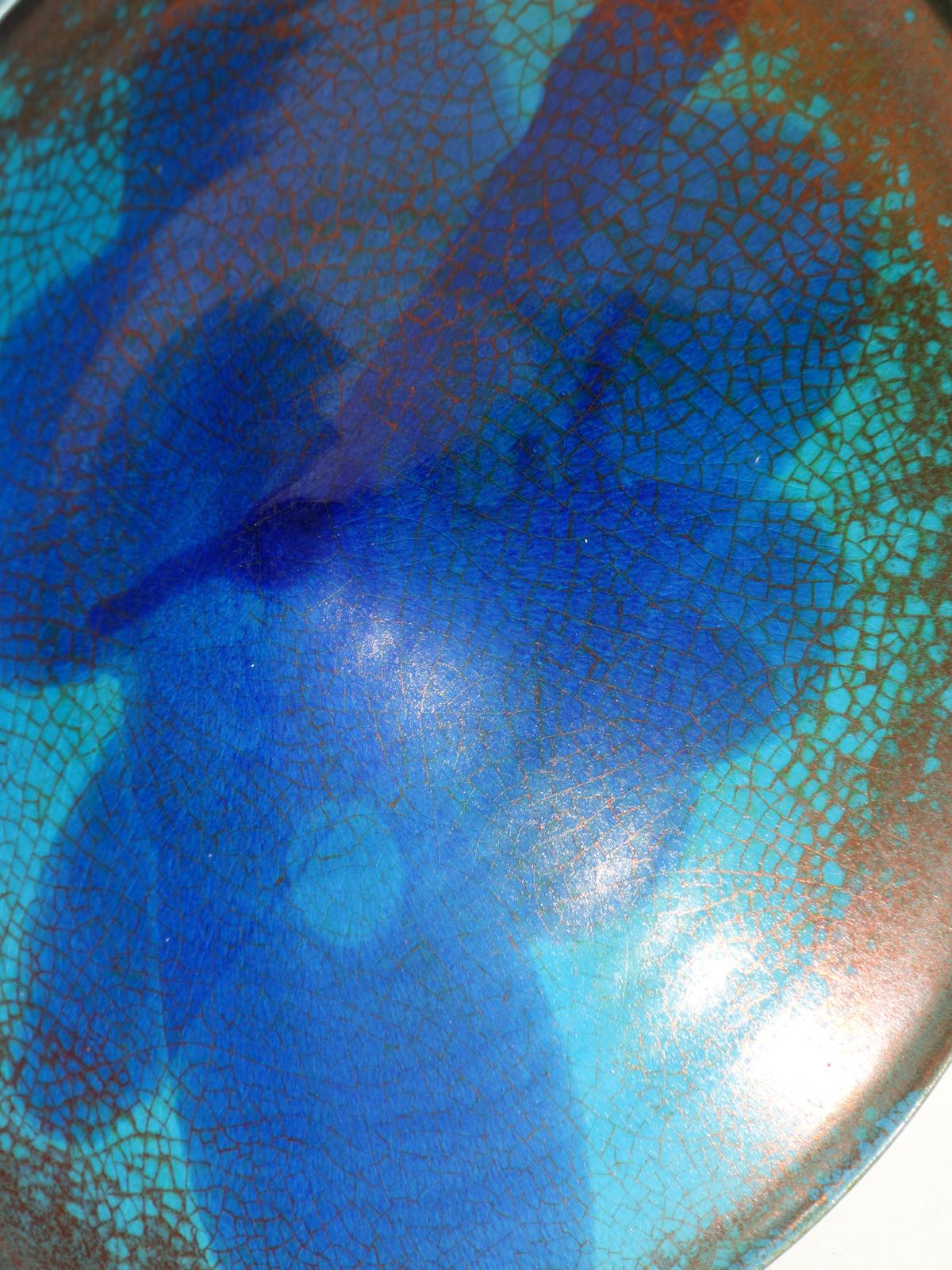 Enameled 1970 Carlo Zauli Faenza Italian Ceramic Enamel Blue Turquoise Copper Plate For Sale