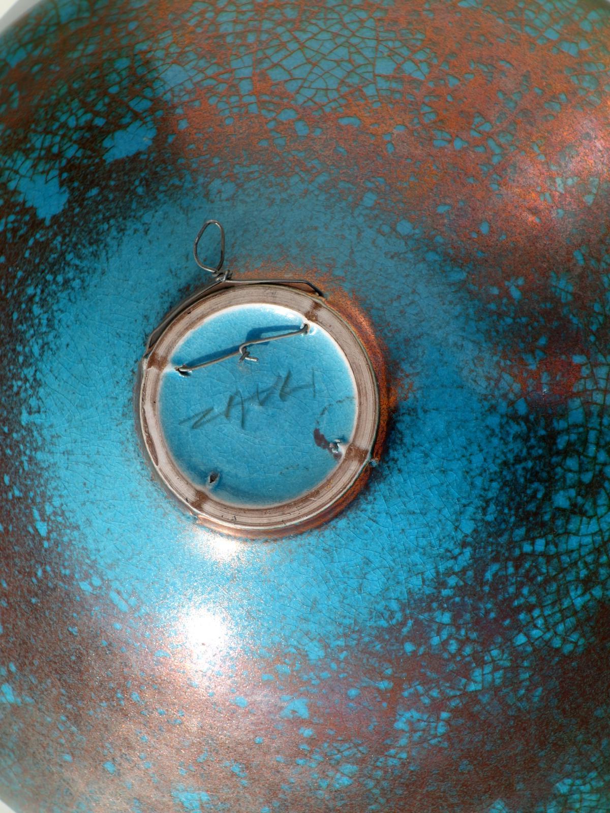1970 Carlo Zauli Faenza Italian Ceramic Enamel Blue Turquoise Copper Plate In Excellent Condition For Sale In Brescia, IT