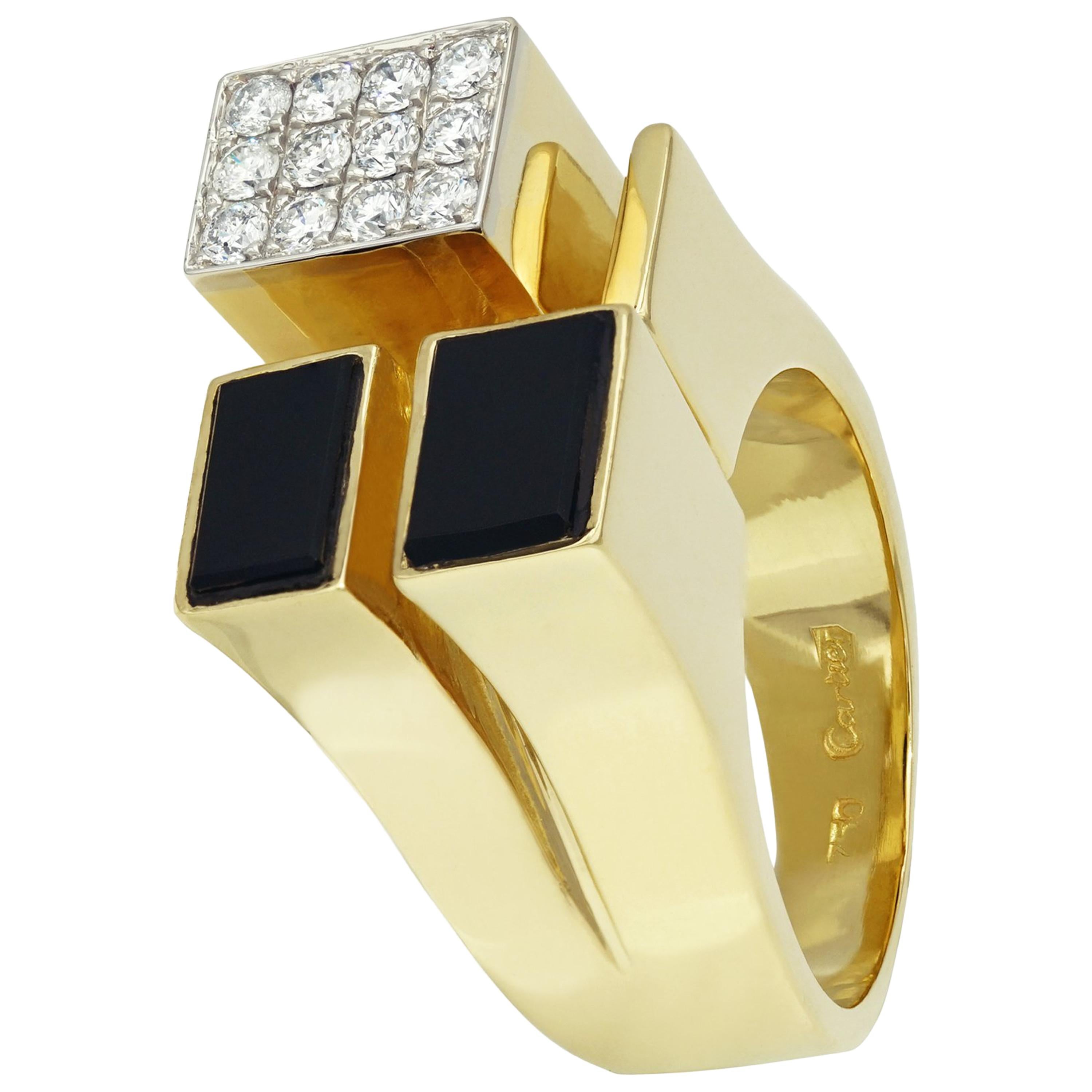 1970 Cartier New York Modernist Onyx Diamond Gold Ring