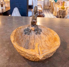 1970 Carved Wooden Centerpiece Bowl with Bronze Squirrel Design