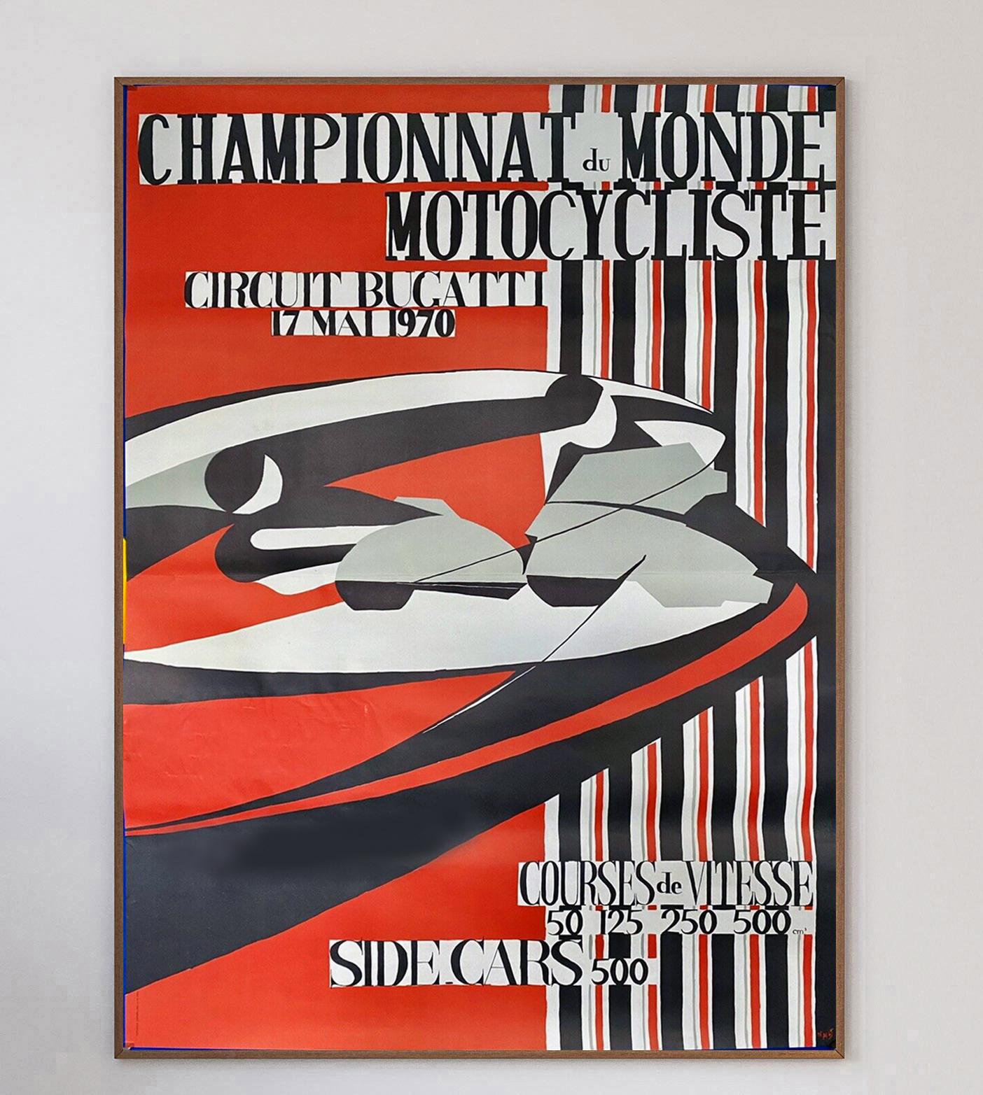 Beautifully designed poster for the Championnat de Monde Motocycliste Circuit Bugatti, or Bugatti Circuit Motorcycle World Championship in 1970. The Bugatti Circuit is a part of the Circuit de la Sarthe - Le Mans 24 Hours. Giacomo Agostini won the