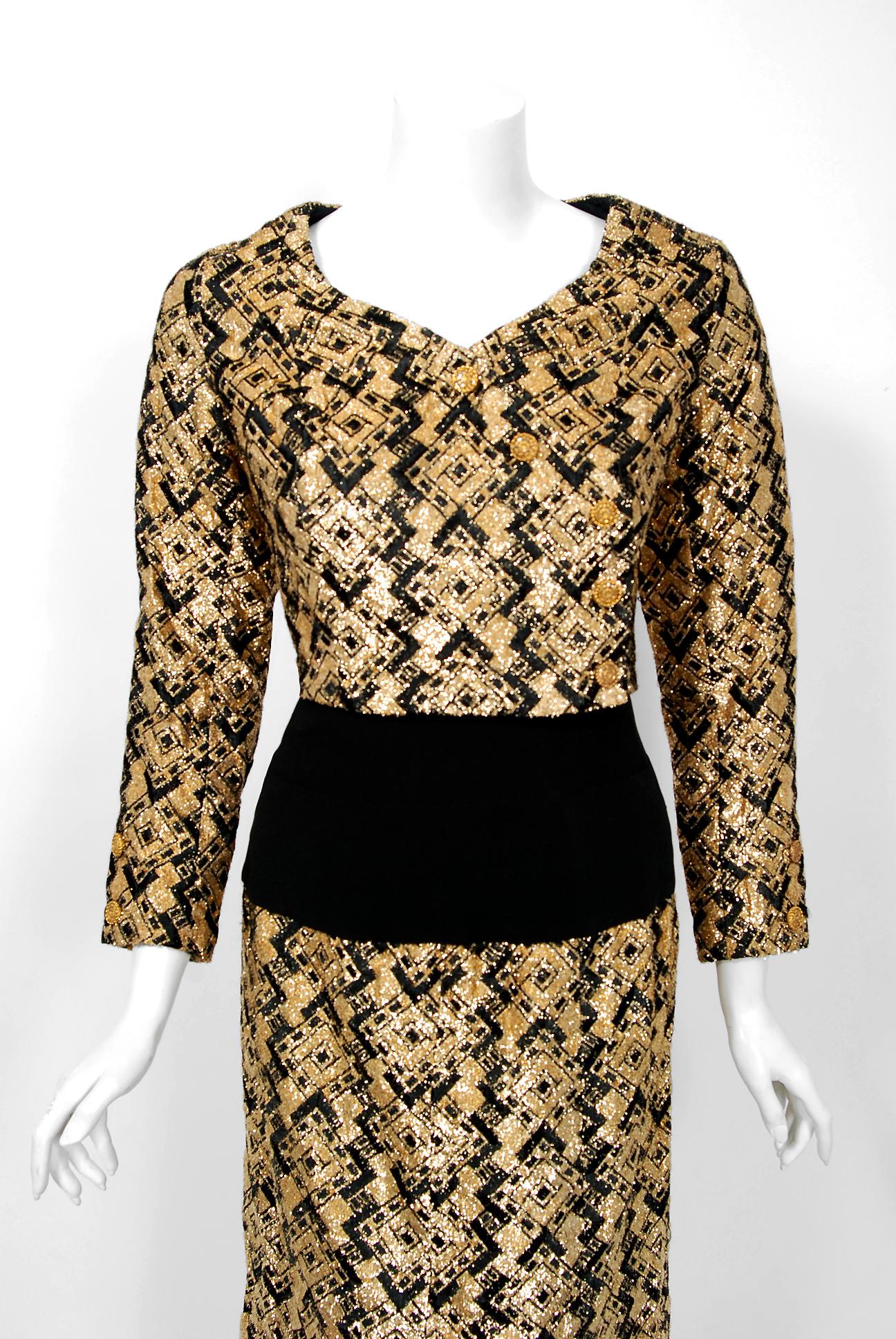 Chanel is known to be one of the most luxurious and decadent fashion houses in the world. This breathtaking metallic-gold and black deco graphic silk brocade ensemble from her 1970 Fall/Winter collection is a perfect example of why this couture