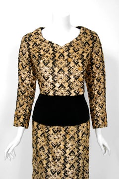 1970 Chanel Haute-Couture Metallic Gold & Black Deco Graphic Silk Dress Ensemble