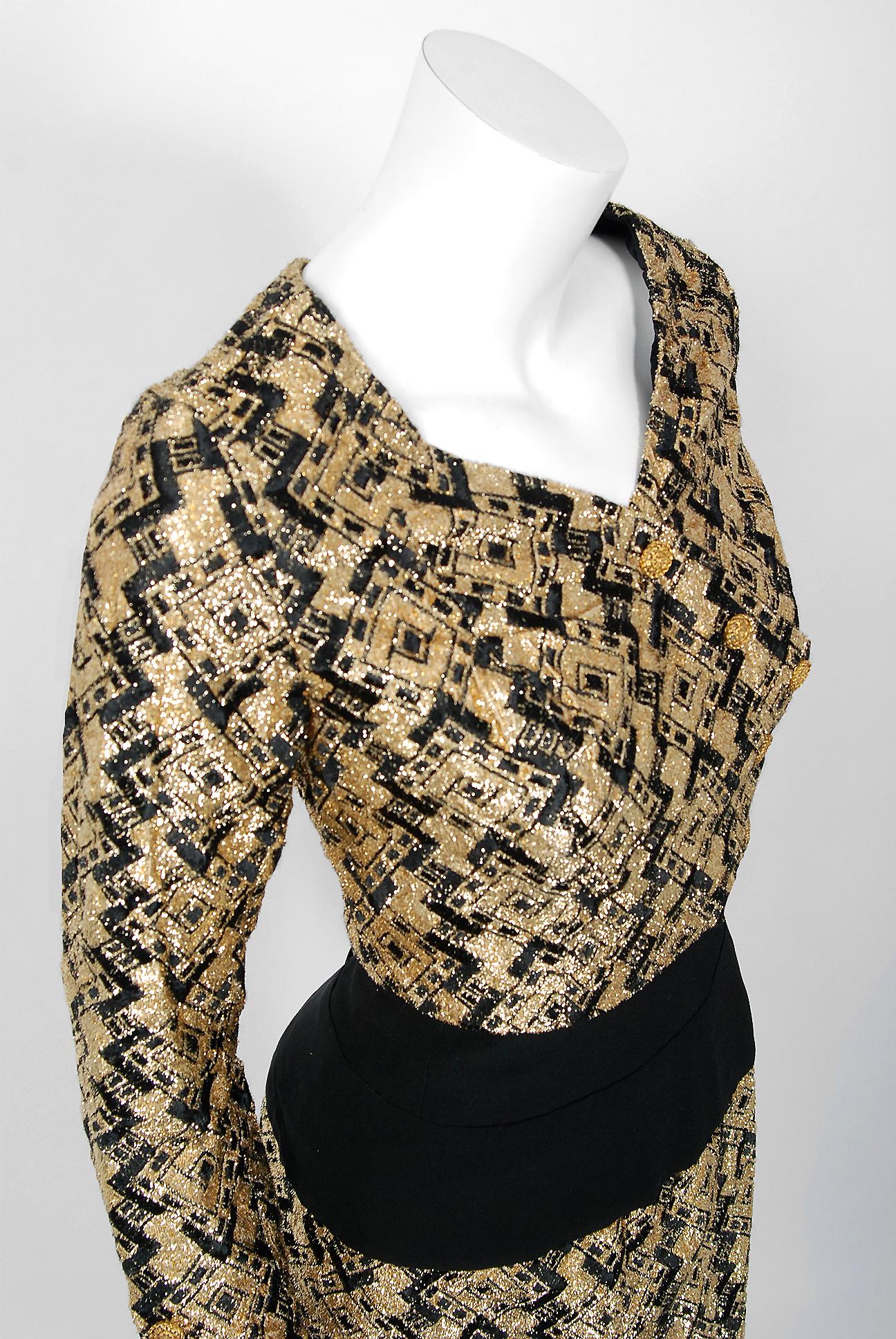 Brown 1970 Chanel Haute-Couture Metallic Gold & Black Deco Graphic Silk Dress Ensemble
