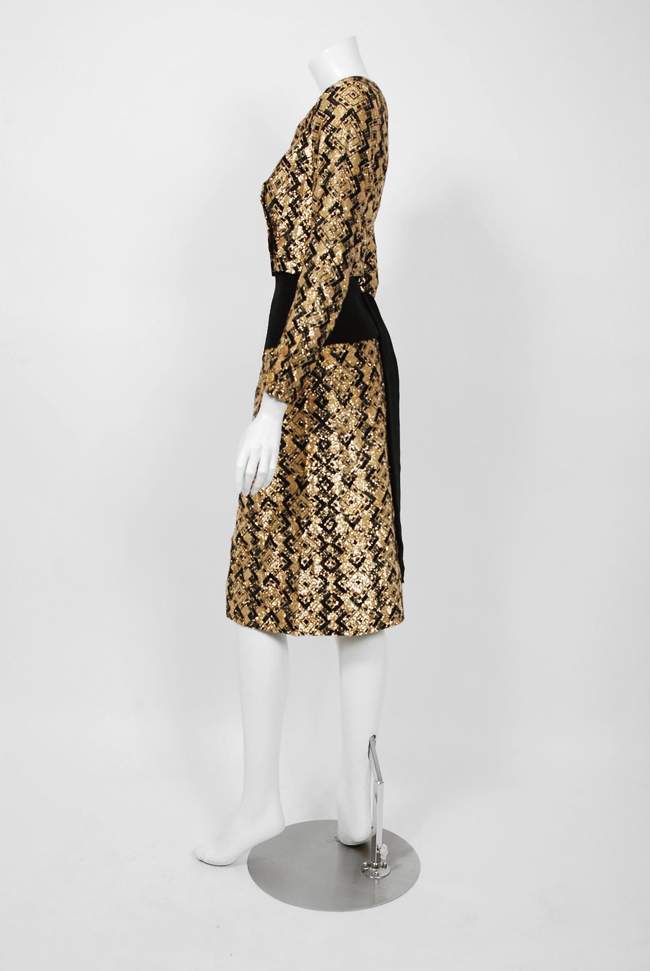 1970 Chanel Haute-Couture Metallic Gold & Black Deco Graphic Silk Dress Ensemble 1