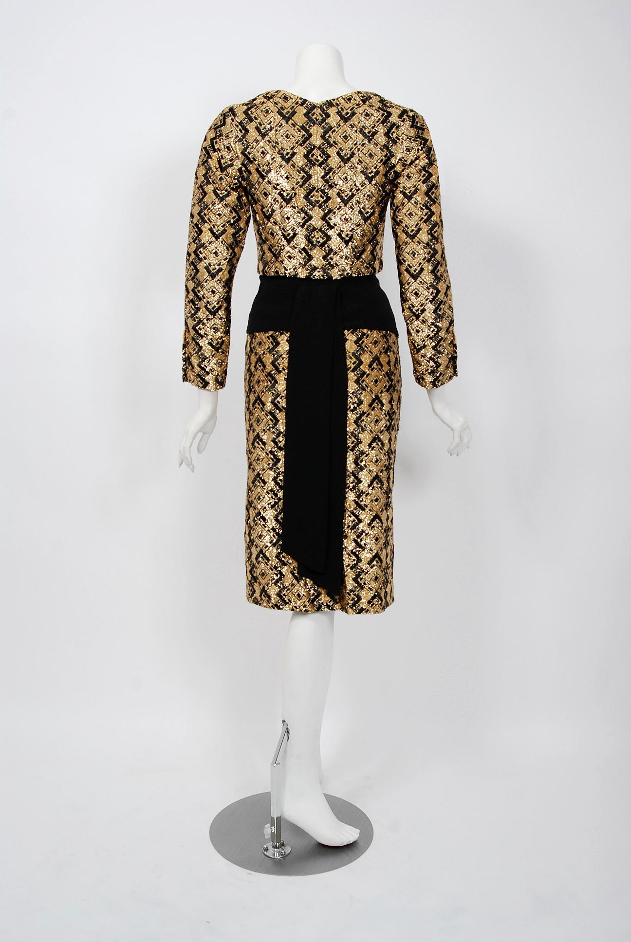 1970 Chanel Haute-Couture Metallic Gold & Black Deco Graphic Silk Dress Ensemble 2