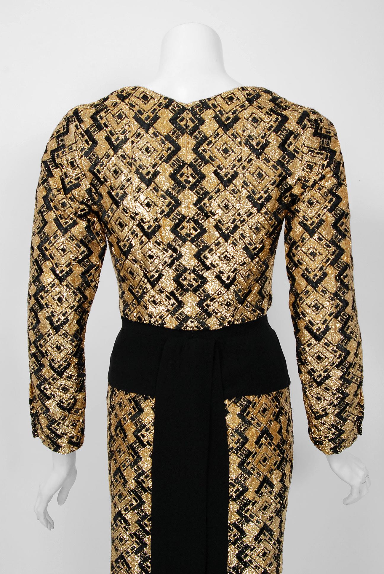 1970 Chanel Haute-Couture Metallic Gold & Black Deco Graphic Silk Dress Ensemble 3