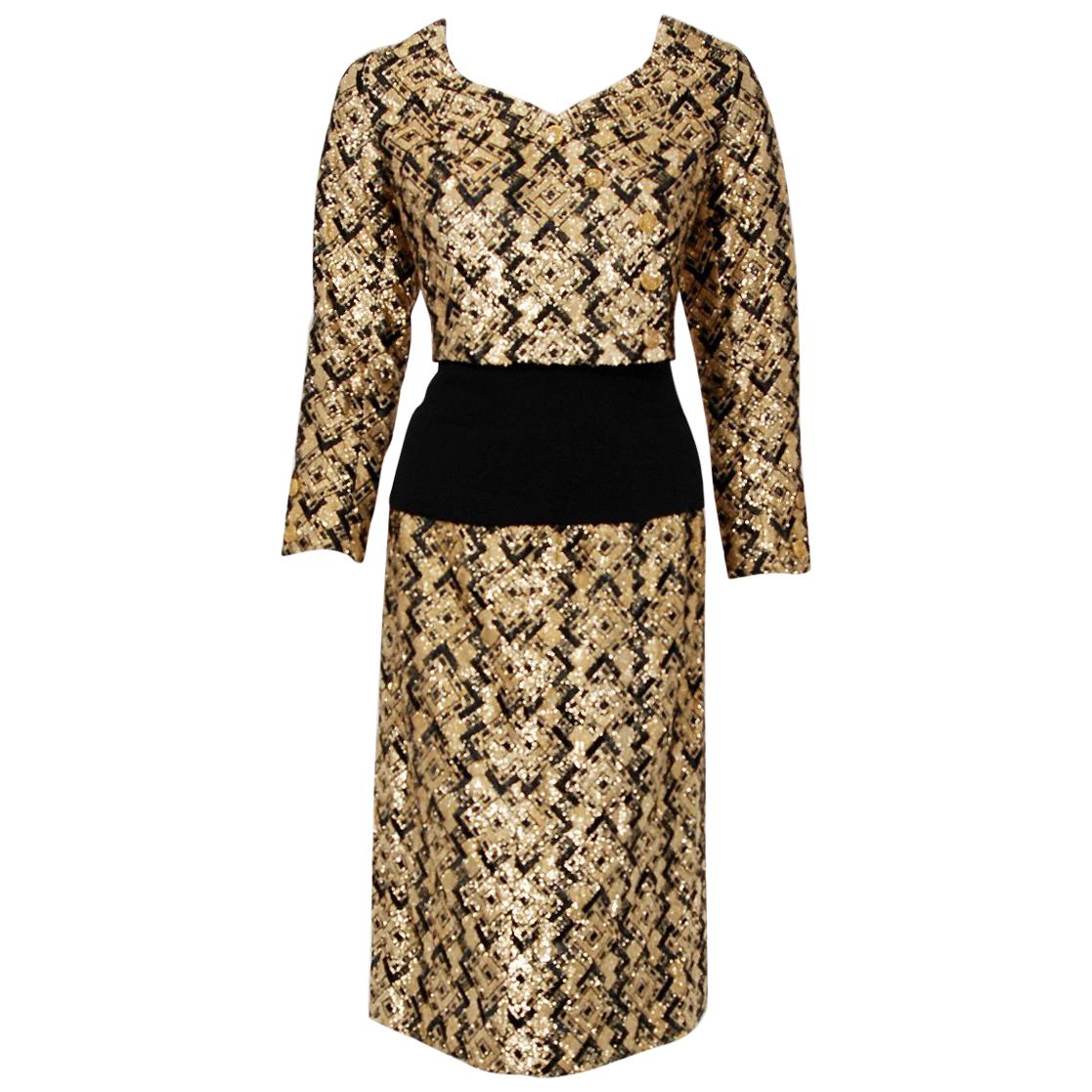 1970 Chanel Haute-Couture Metallic Gold & Black Deco Graphic Silk Dress Ensemble