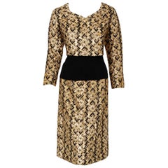 1970 Chanel Haute-Couture Metallic Gold & Black Deco Graphic Silk Dress Ensemble