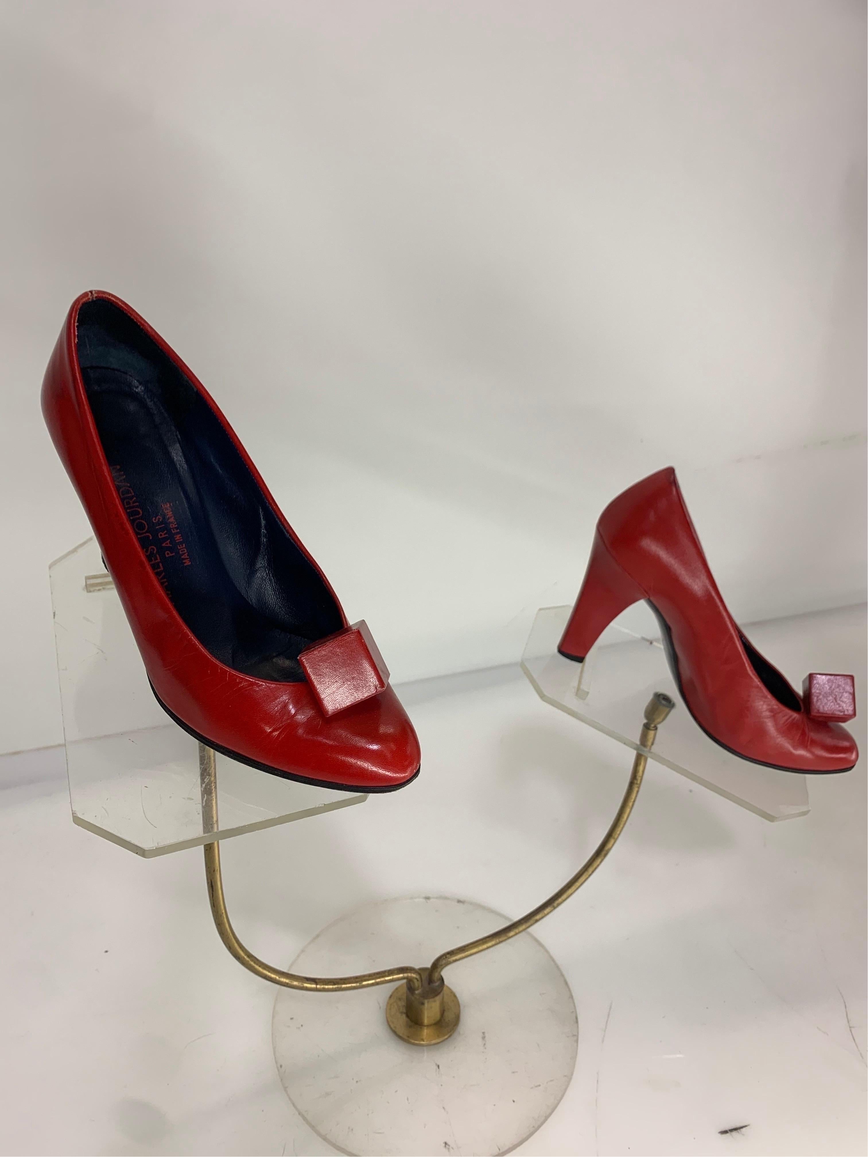 1970 Charles Jourdan Crimson Red High Heeled Pumps w/ Signature Cube Ornament For Sale 3