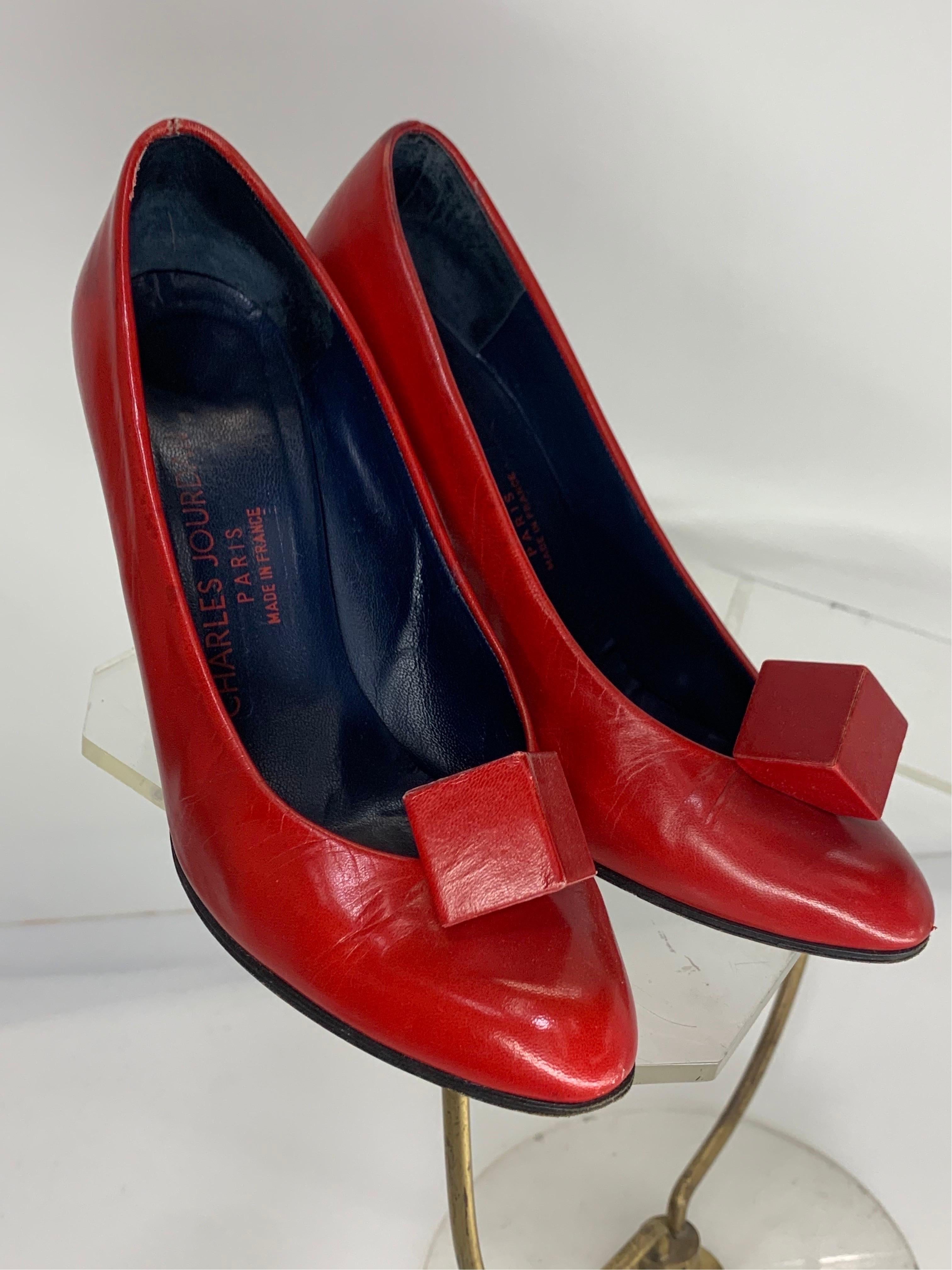 1970 Charles Jourdan Crimson Red High Heeled Pumps w/ Signature Cube Ornament For Sale 2