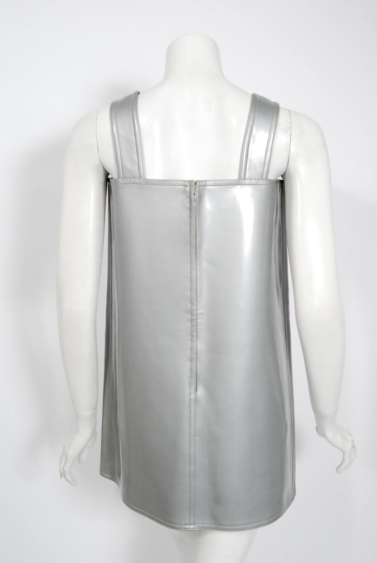 Women's 1970 Christian Dior Colifichets Documented Silver Vinyl Space-Age Mod Mini Dress